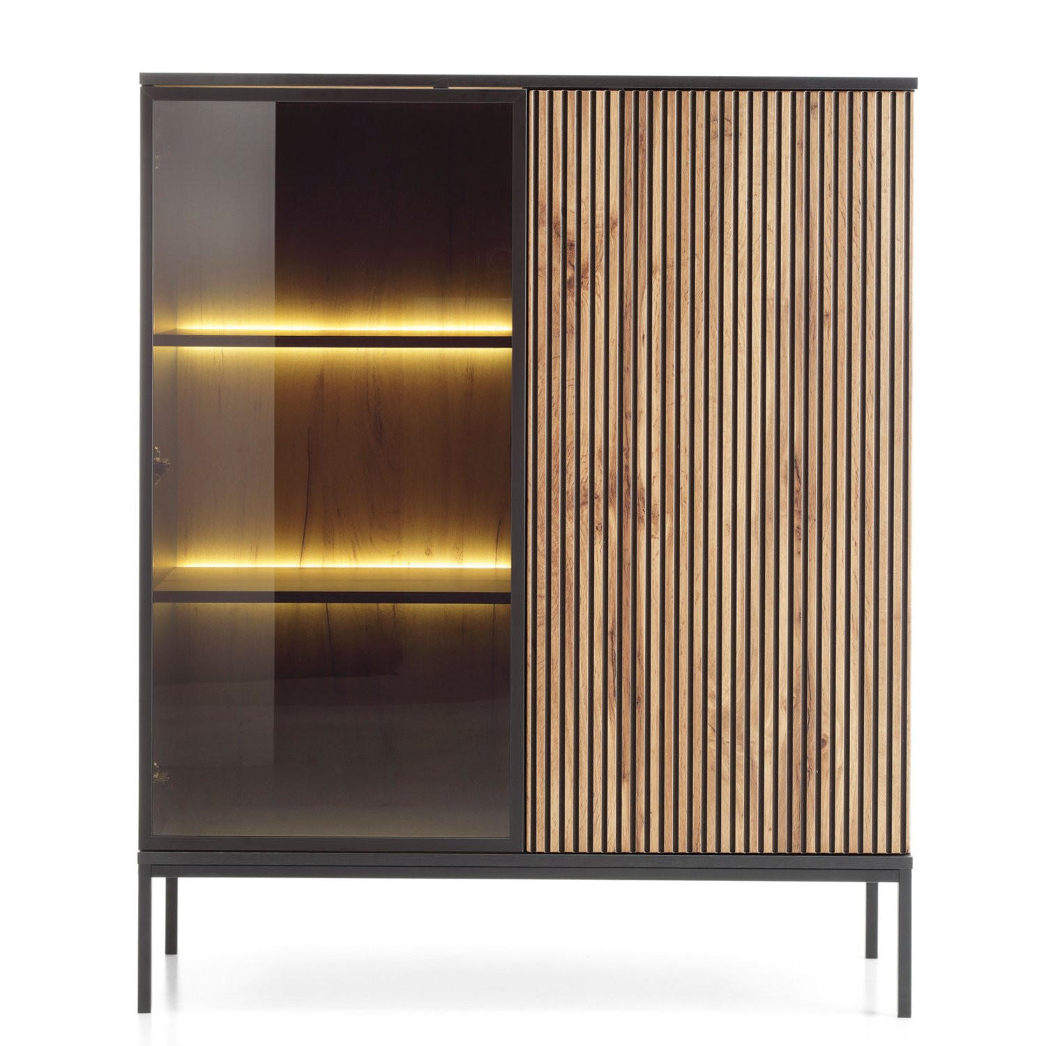 VITRINE Tosena Schwarz / Wotan Eiche mit LED - Beige/Schwarz, Holzwerkstoff/Metall (103.5/105.5/39cm) - Selsey
