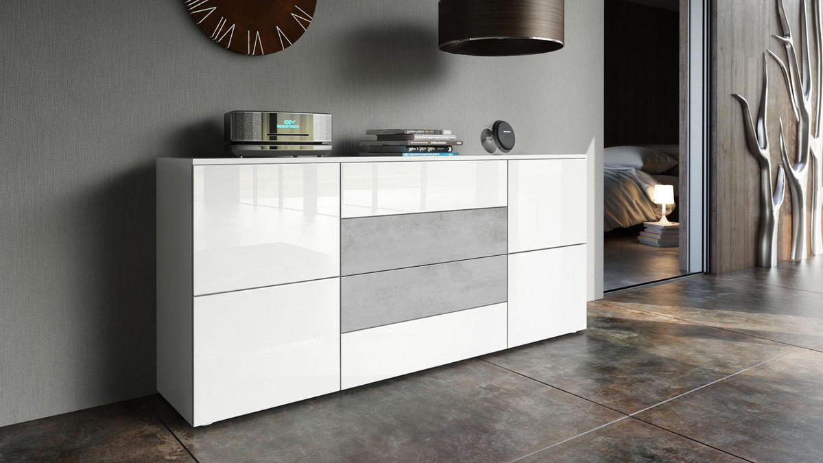 SIDEBOARD Rova Weiß Hochglanz / Beton Oxid Optik - Weiß Hochglanz, Holzwerkstoff (166/72/35cm) - Vladon