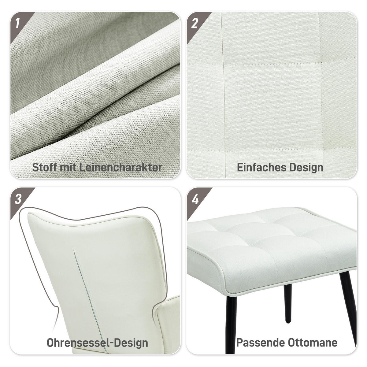 SCHAUKELSTUHL Cremeweiß mit Hocker, Leinenoptik - Creme, Textil (89/90/64cm) - Oxeza