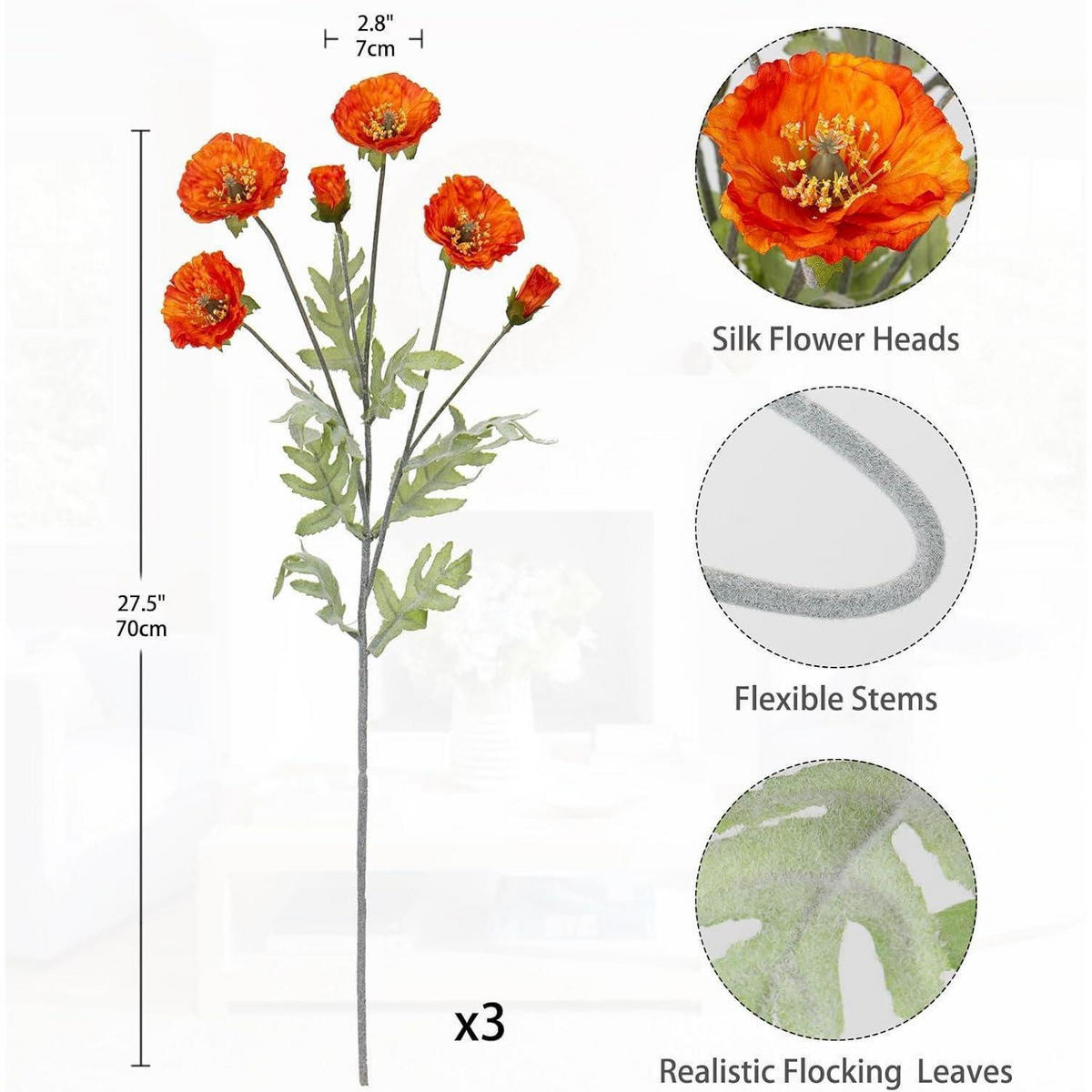 KUNSTBLUMEN 3er Set Mohnblume Orange 70 cm - Orange, Textil (70cm)