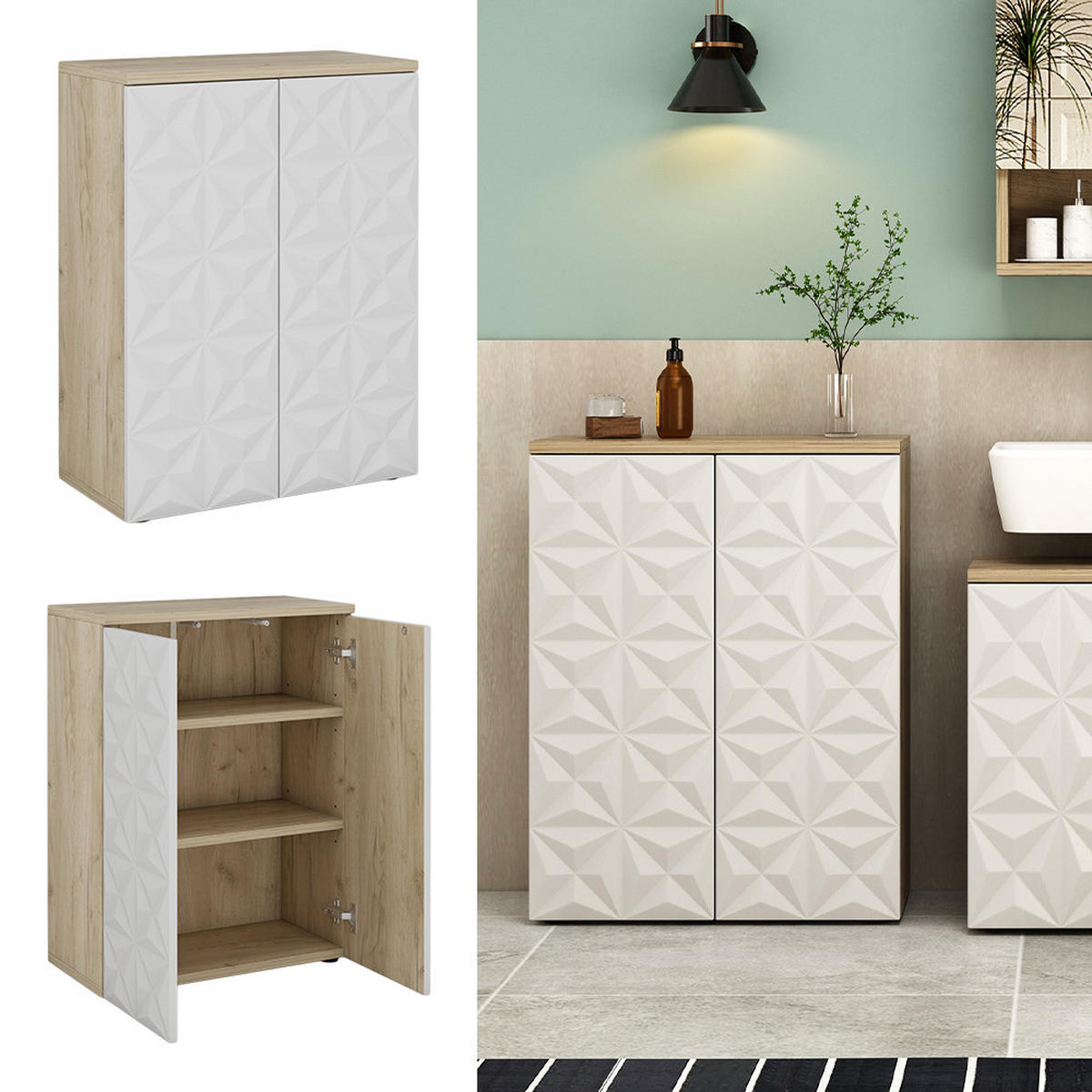 MIDISCHRANK Edge Weiß 60 x 79.5 cm mit 2 Türen und 3 Fächer - Eichefarben/Weiß, Holzwerkstoff (60/79.5/30cm) - Vicco