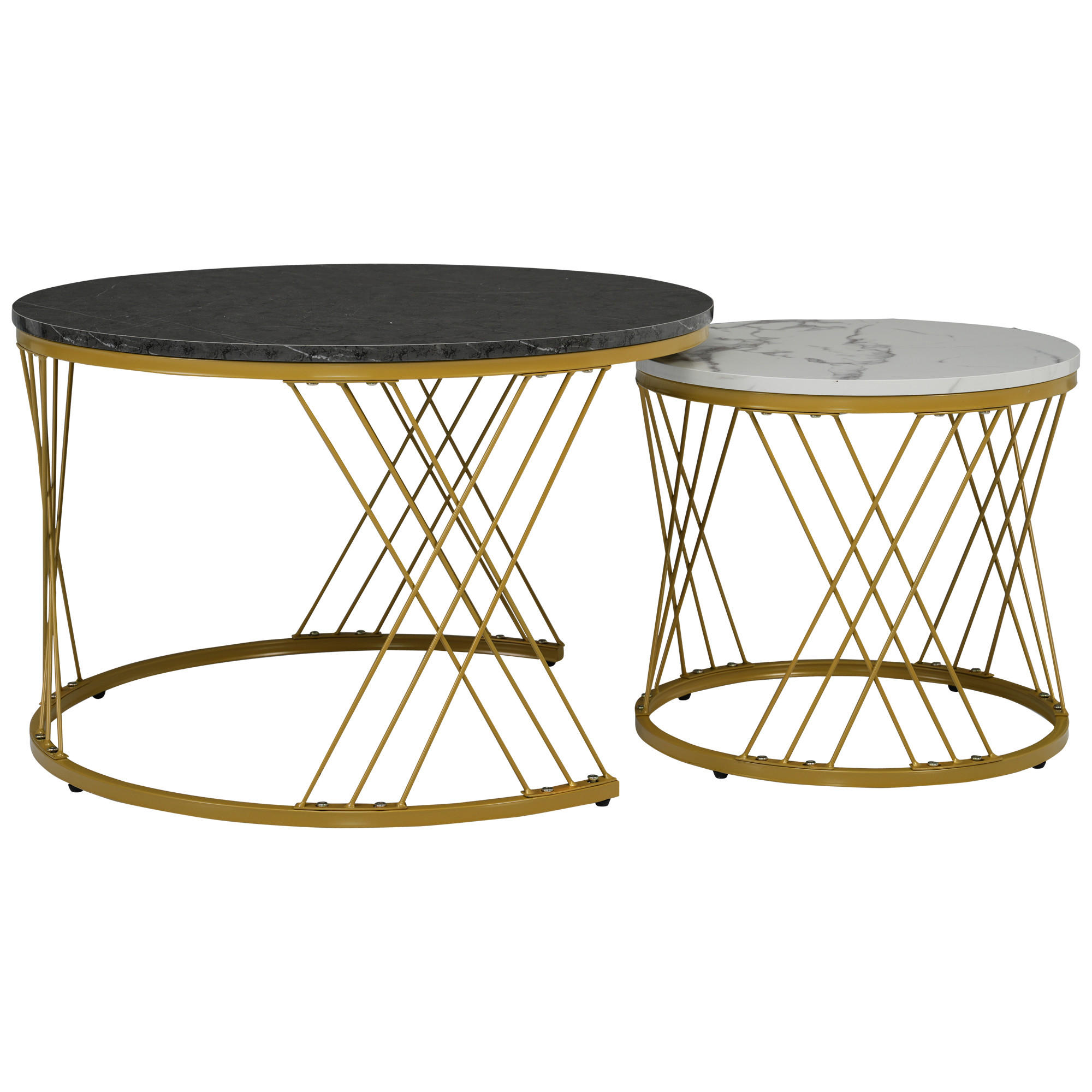 COUCHTISCH Set 70/70/45 cm und 45/45/40 cm Grau mit Hochglanz Marmormuster und Goldrahmen - Grau, Holzwerkstoff (70/70/45cm) - OKWISH