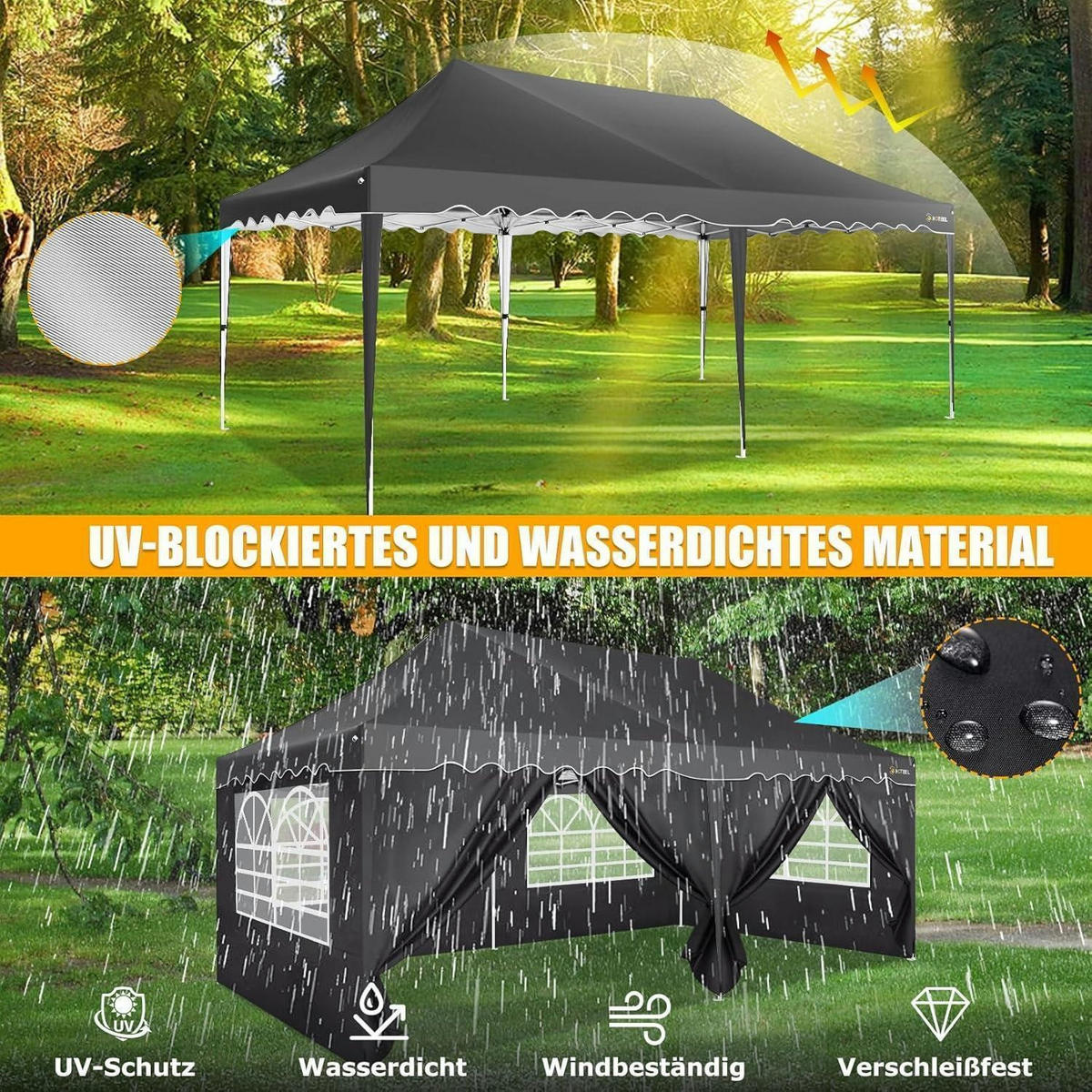 FALTPAVILLON 3x6m schwarz mit 6 Seitenwänden und 4 Sandsäcken - Schwarz, Metall (300/320/600cm)