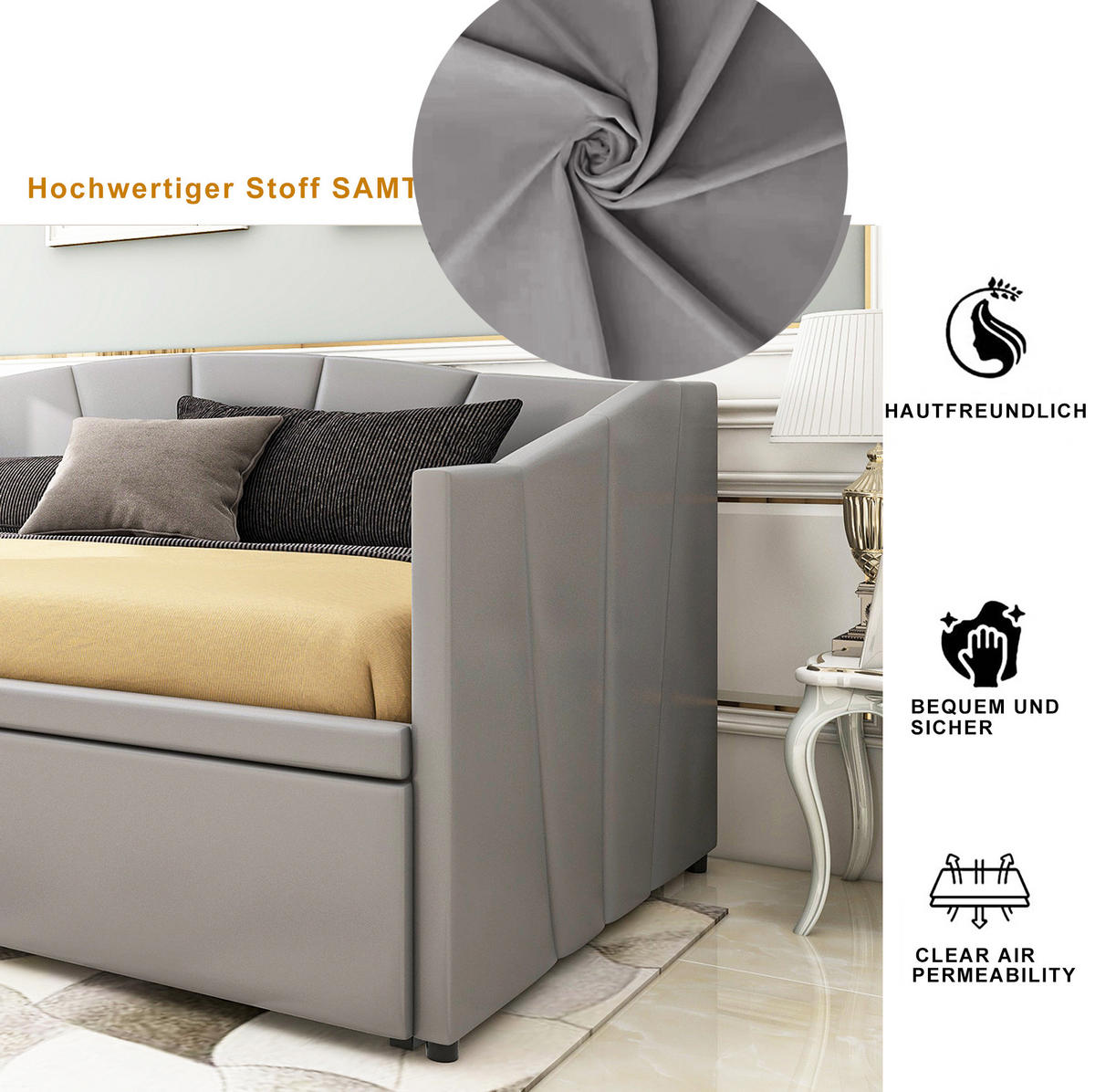 POLSTERBETT 90/200-180/200 cm aus Samt mit ausziehbarem Bettrahmen Grau - Grau, Textil (90/200cm) - Modenvie