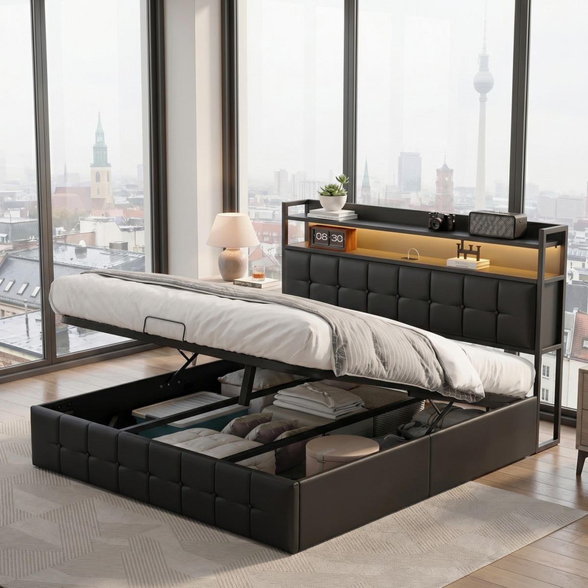 POLSTERBETT 140/200 cm schwarz mit Stauraum, LED und USB - Schwarz, Holz