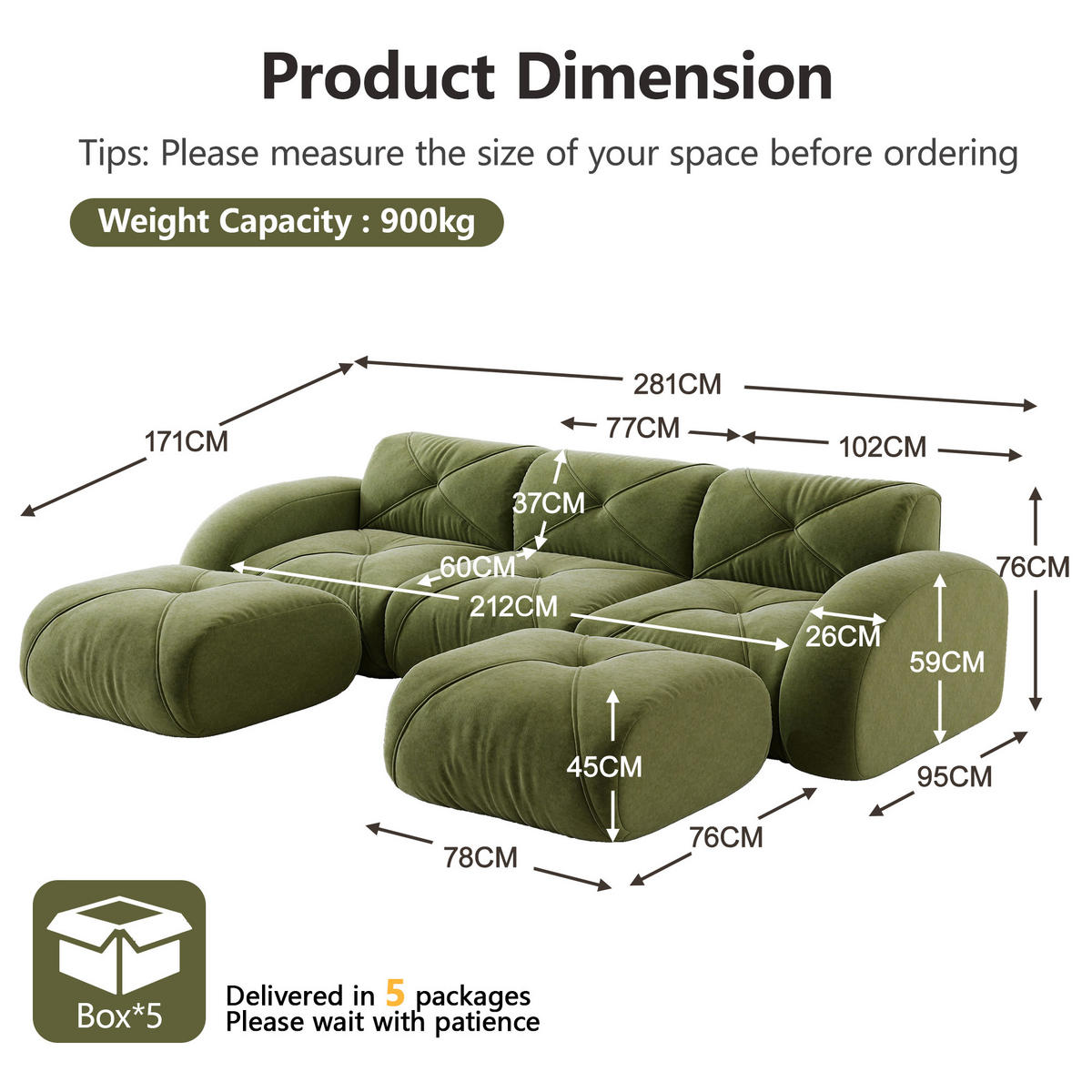 WOHNLANDSCHAFT Chenille Grün mit 2 Hocker - Grün, Textil (281/76/171cm) - WISHDOR