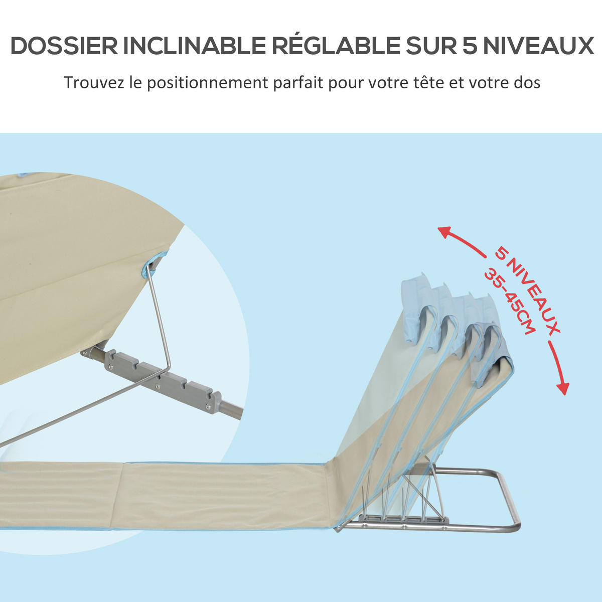 SONNENLIEGE Set aus 2 faltbaren Strandmatten mit 5-fach verstellbarer Rückenlehne Kopfstütze,124*53*45 cm - Beige, Metall (53/45/124cm) - Vallsero