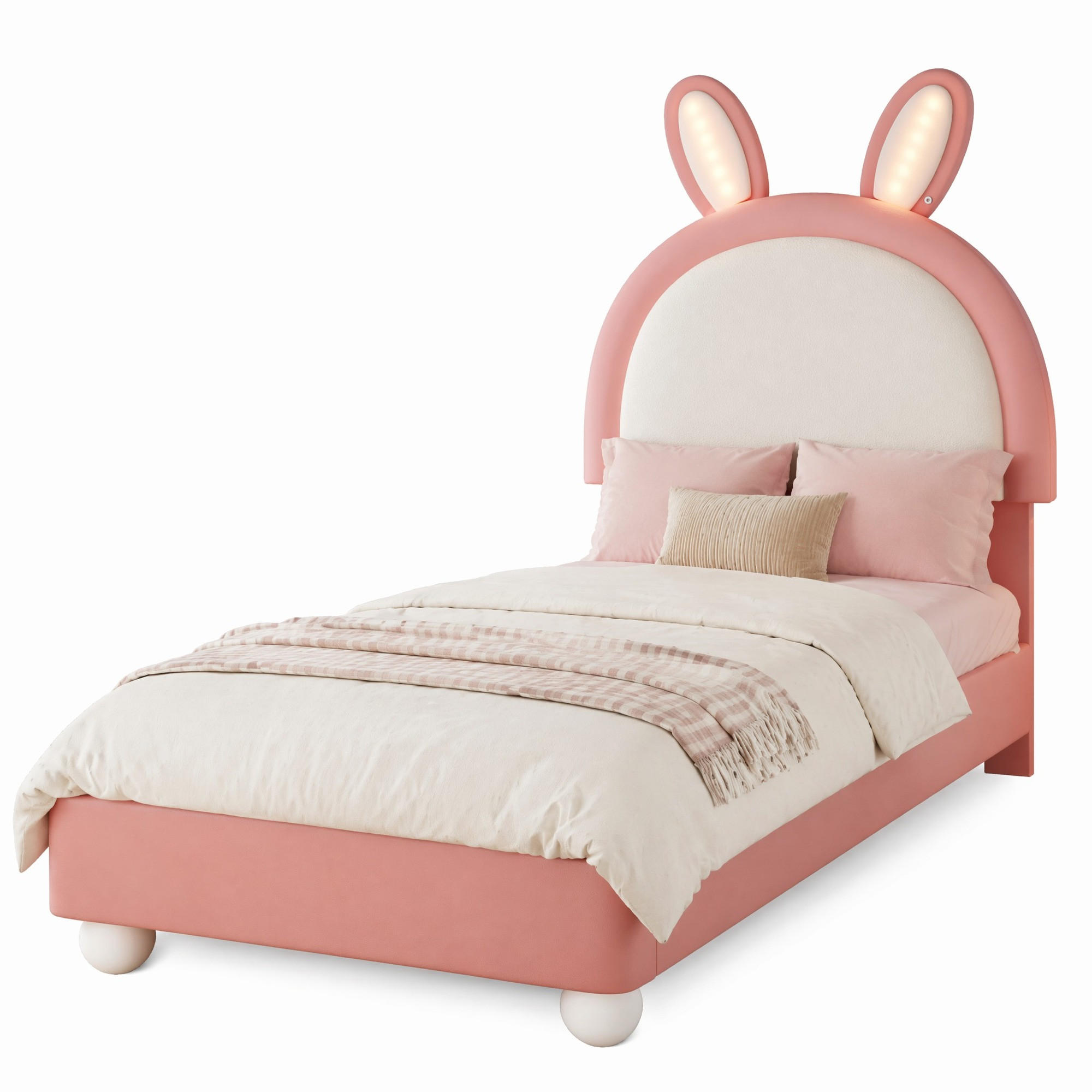 POLSTERBETT 90/200 mit LED, Hasen-Kopfteil und Antikollisionskante in Rosa+Weiß - Rosa, Holzwerkstoff/Textil (90/200cm) - EVRYAE