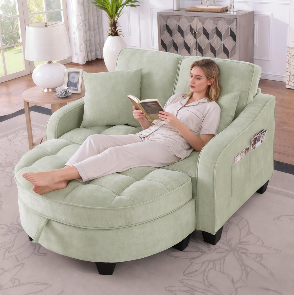 RÉCAMIERE 2-in-1 mit Hocker 132 x 129 x 93 cm Eukalyptusholz Cyan - Hellblau, Holzwerkstoff (129/93/132cm) - Meubliv