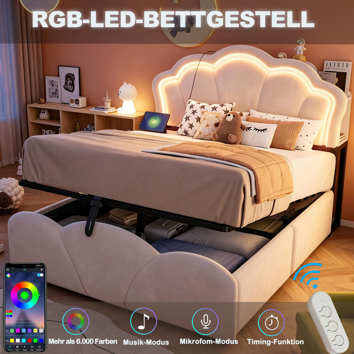 POLSTERBETT 140x200 cm in Beige mit LED-Beleuchtung, Steckdosen und hydraulischem Stauraum - Beige, Textil (140/200cm) - IVMEU