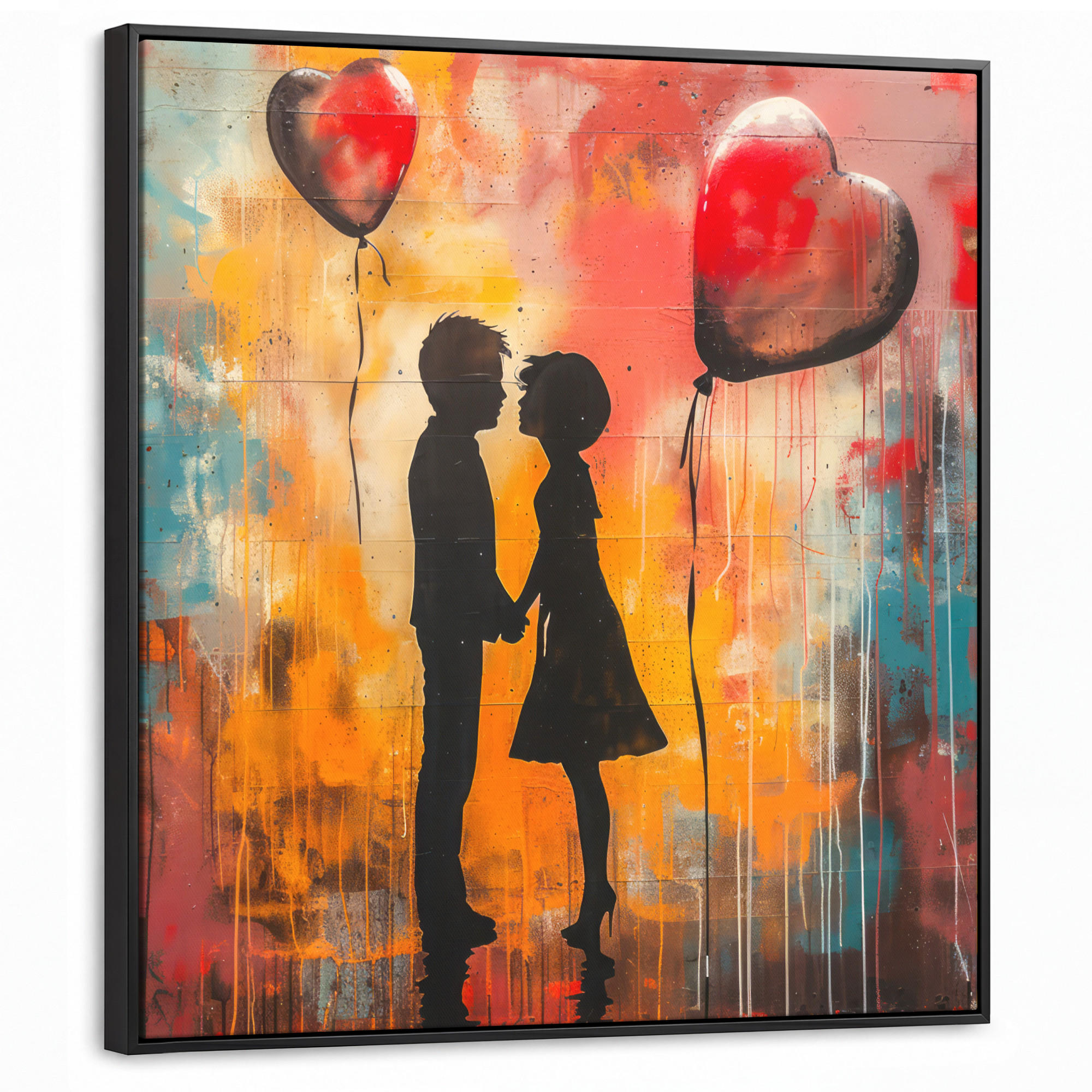 LEINWAND Bilder mit Rahmen - Straßenkunst - Liebe - Graffiti - Kunst - Banksy - 90x90 - Orange, Textil (90/90cm) - MuchoWow