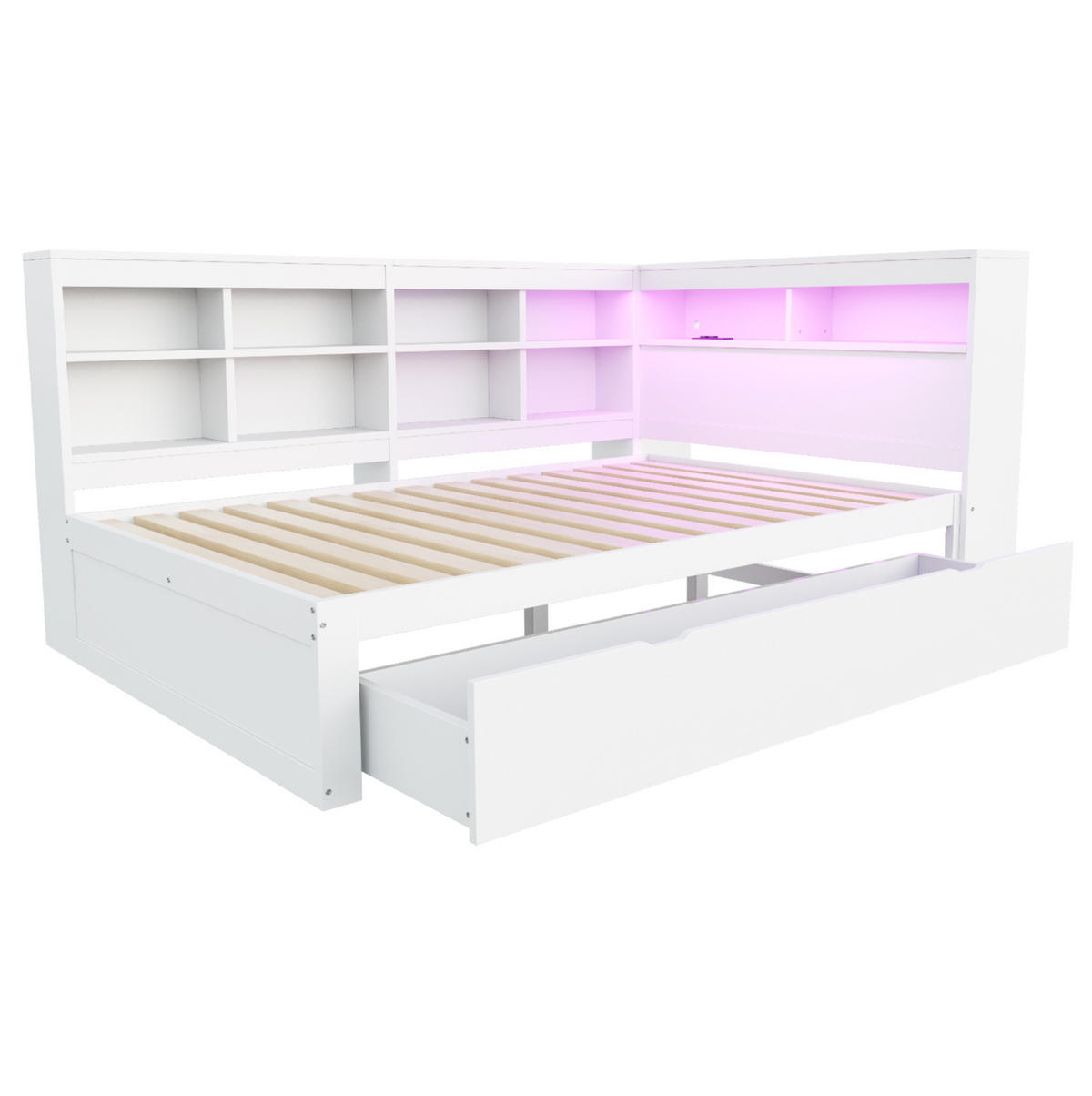 BETT 140/200 cm mit Kopfteil aus Massivholz – mit Stauraum und USB - Weiß, Holz (140/200cm) - BEAOK