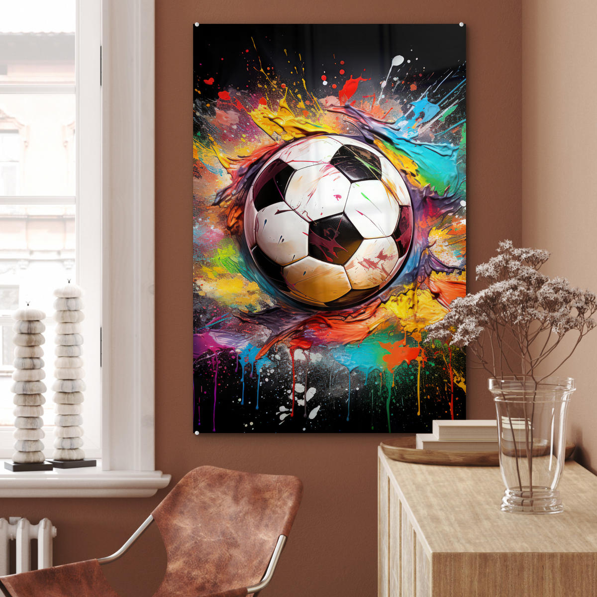 ACRYLGLASBILD Fußball - Farbe - Farben - Schwarz - Weiß 60x90 cm - Weiß, Glas (60/90cm) - MuchoWow