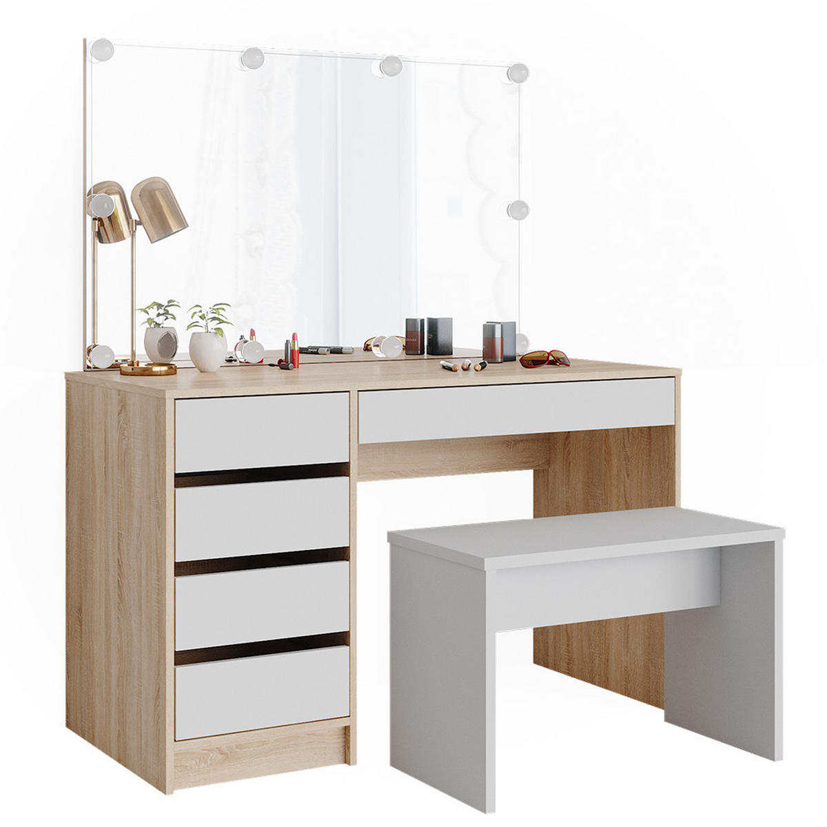 SCHMINKTISCH Sherry Weiß/Sonoma 120 cm mit LED Beleuchtung und Bank - Weiß/Sonoma Eiche, Holzwerkstoff (55/75/120cm) - Vicco