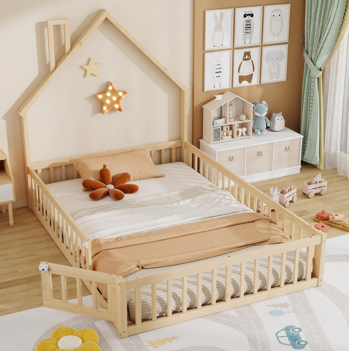 KINDERBETT 140/200 cm mit Lattenrost, Sicherheitsgitter und Schornsteinform aus Kiefernholz/MDF, Natur - Naturfarben, Holz (140/200cm) - Redom