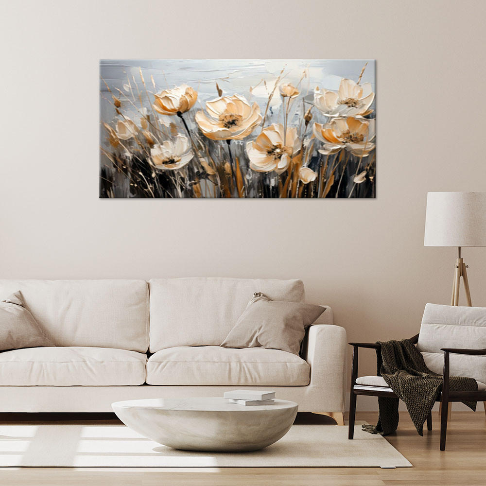 LEINWANDBILD Blumenstrauß Aquarell Beige Gras 120x60cm - Beige, Textil (120/60cm) - Feeby