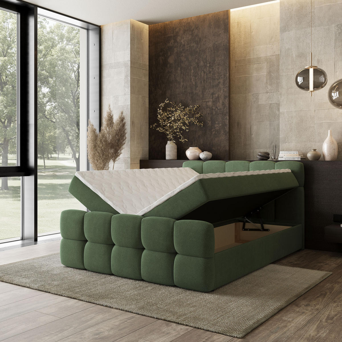 BOXBETT BRUME 180x200 cm mit Matratze und Topper, H2+H3 - Grün - Grün, Holz (180/200cm) - MASSENO