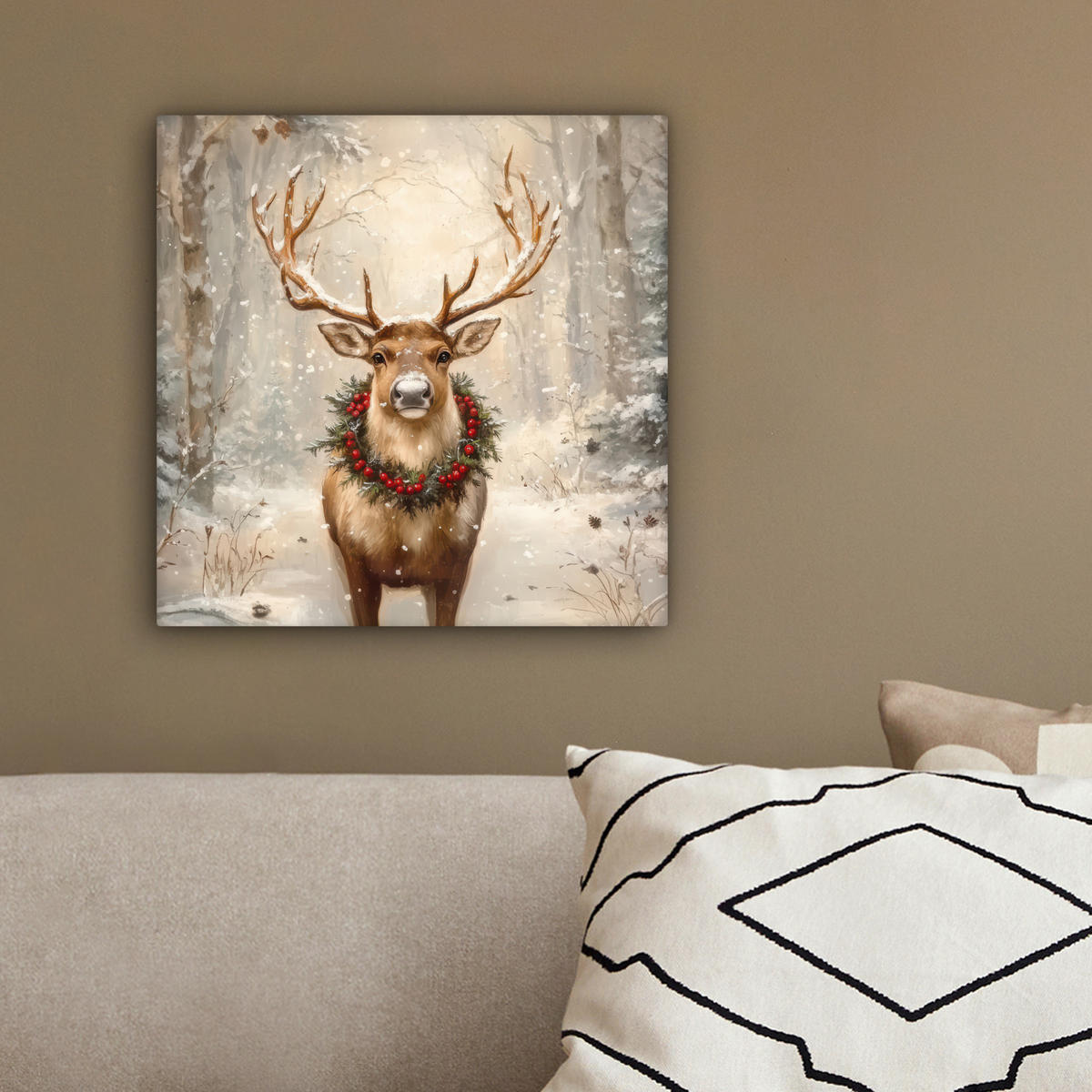 LEINWANDBILD Weihnachten - Rentier - Winter - Kranz 20x20 cm - Naturfarben, Textil (20/20cm) - MuchoWow