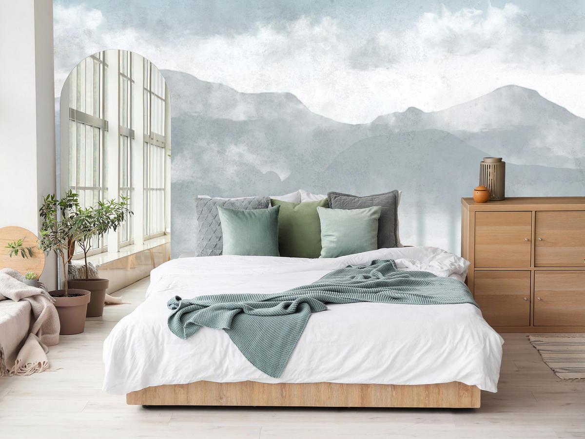 FOTOTAPETE für Schlafzimmer Blaue Berglandschaft Nebel Modern Vintage Himmel 500x350 - Grau, Papier (500/350cm) - Muralo