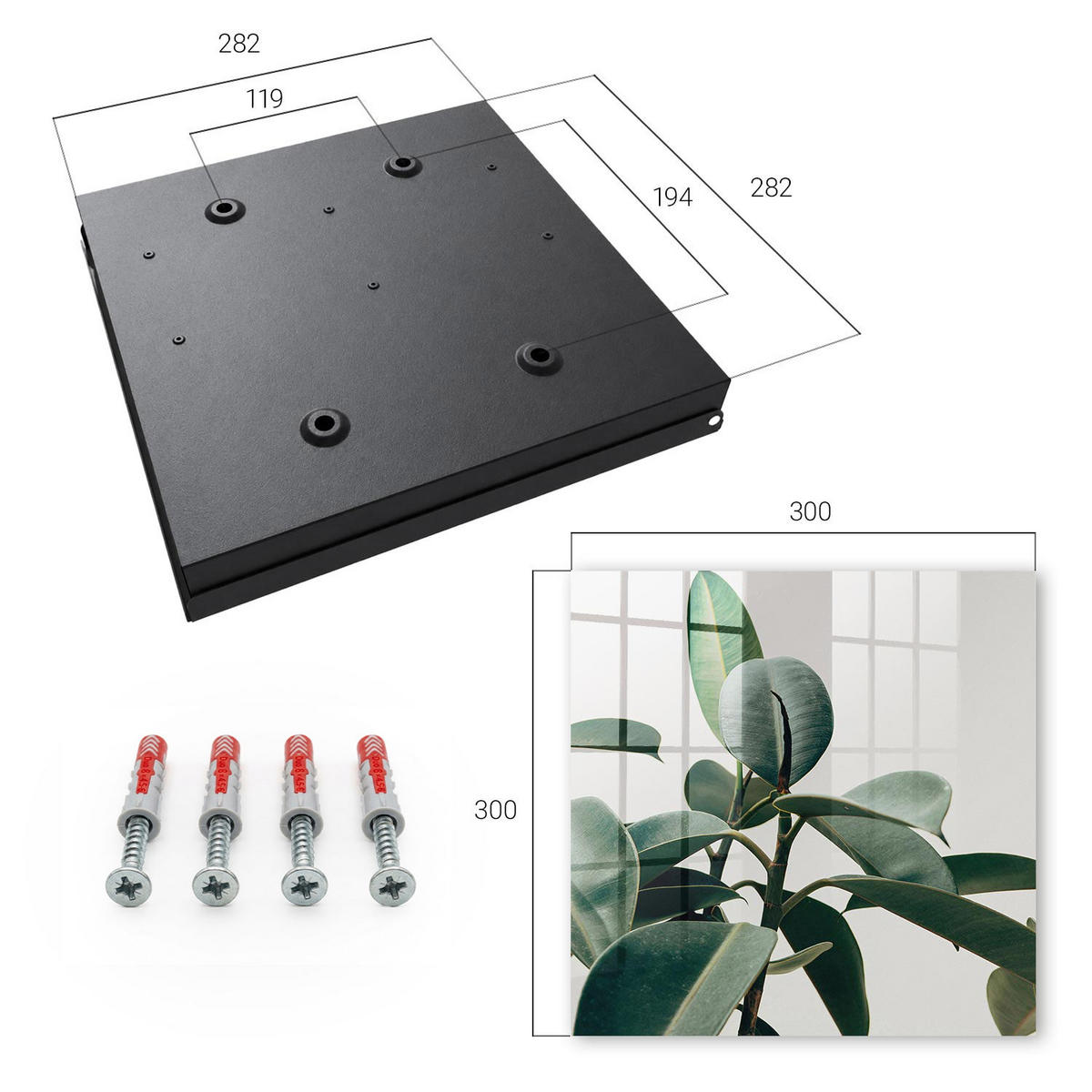 SCHLÜSSELBOX Schwarz 30x30 cm- Türöffnung nach rechts - Ficusblätter - Grün, Metall (30/30/5cm) - TULUP
