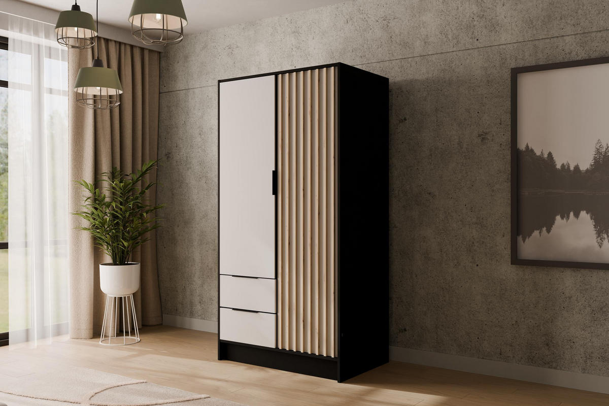KLEIDERSCHRANK NELIA - 120 cm - Schwarz/Weiß, Holzwerkstoff (102/200/51cm) - ALTDECOR
