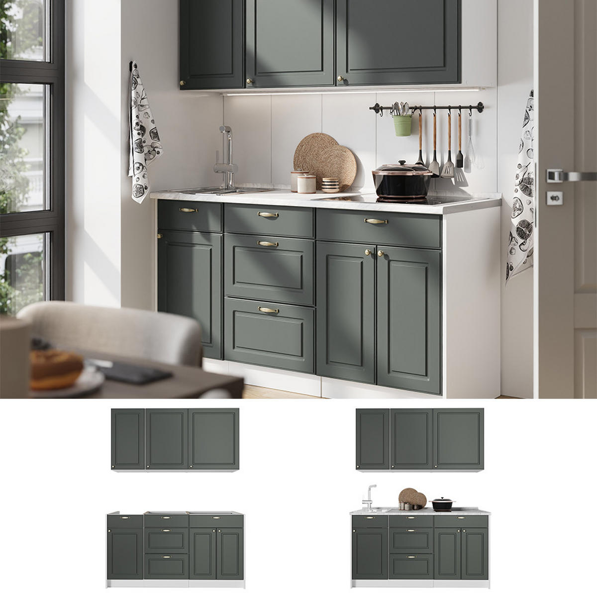 SAMOSTATNÁ KUCHYŇA Fame-Line, Zelený a zlatý vidiecky dom/biely, 150 cm, AP Oak - biela/zelená, kompozitné drevo (150/82/60cm) - Vicco