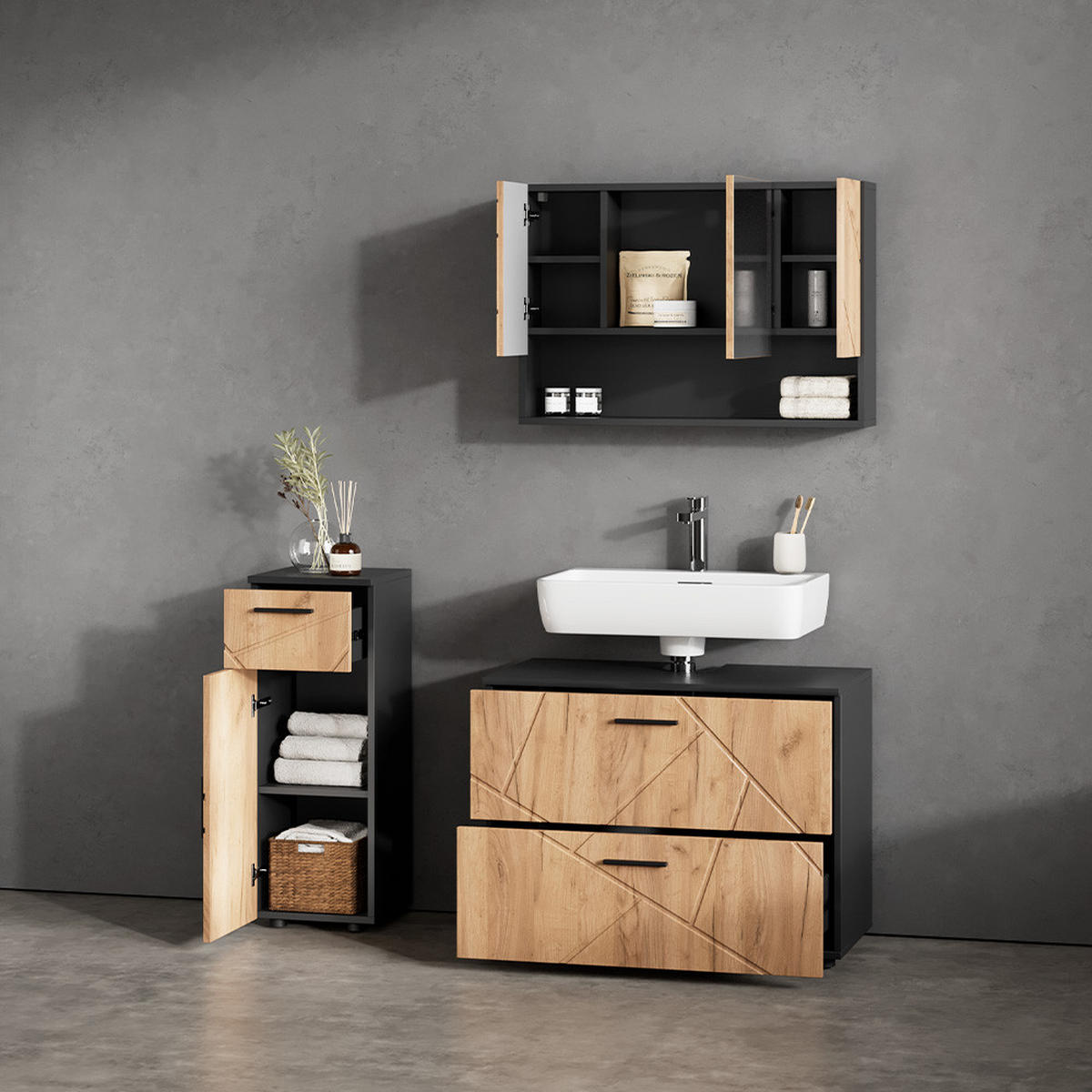 BADMÖBEL-SET Ronco Goldkraft Eiche/Anthrazit 3 Teile, mit Schubladenschrank und Midischrank - Anthrazit/Eiche Wotan, Holzwerkstoff (41/80/58cm) - Livinity®