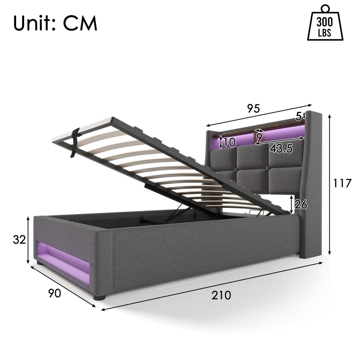 POLSTERBETT 90/200 cm grau mit USB-Anschluss und LED-Beleuchtung - Grau, Textil (90/200cm) - OKWISH