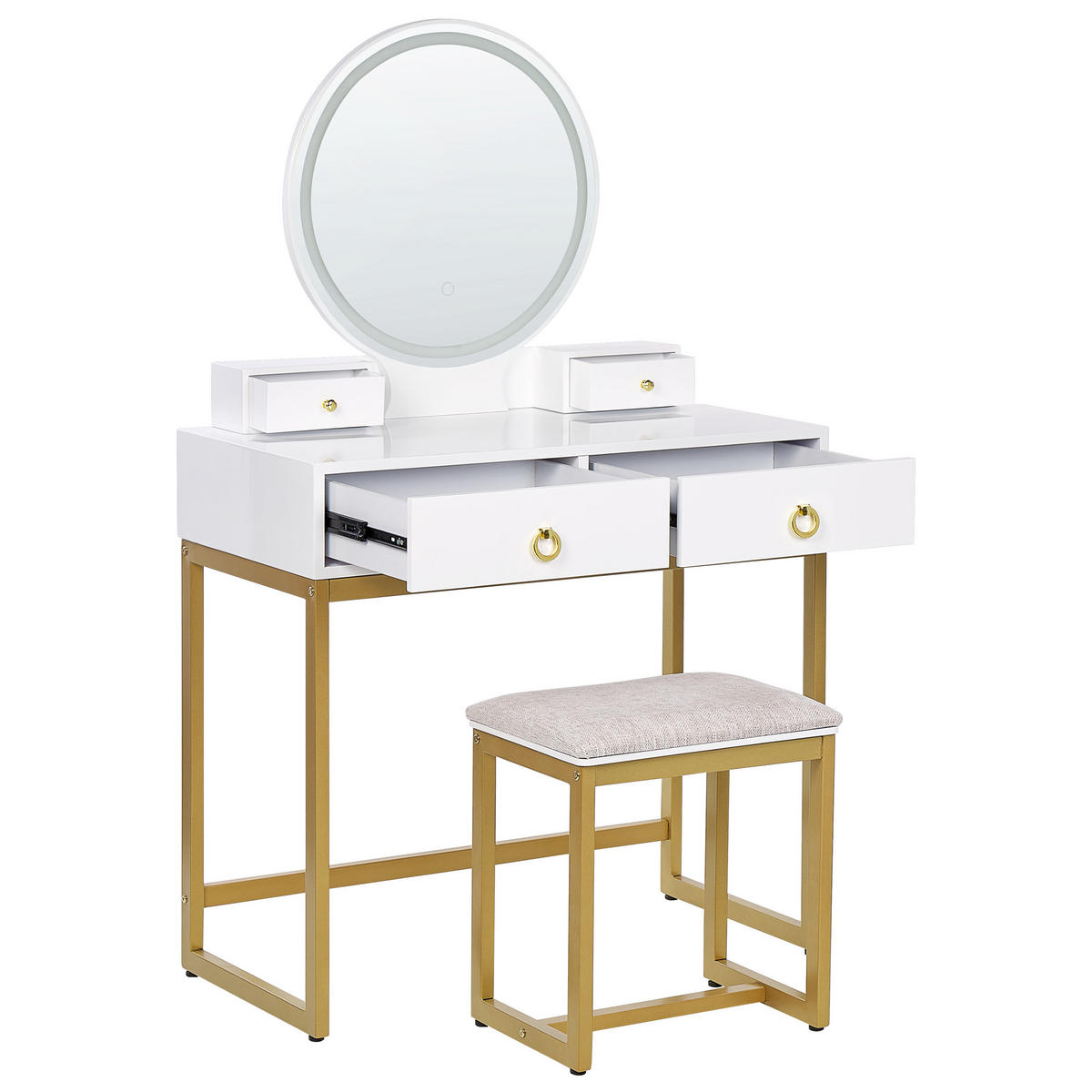 SCHMINKTISCH mit rundem LED-Spiegel Hocker 4 Schubladen weiß/gold Auxon - Beige/Goldfarben, Holzwerkstoff (80/132/40cm) - Beliani