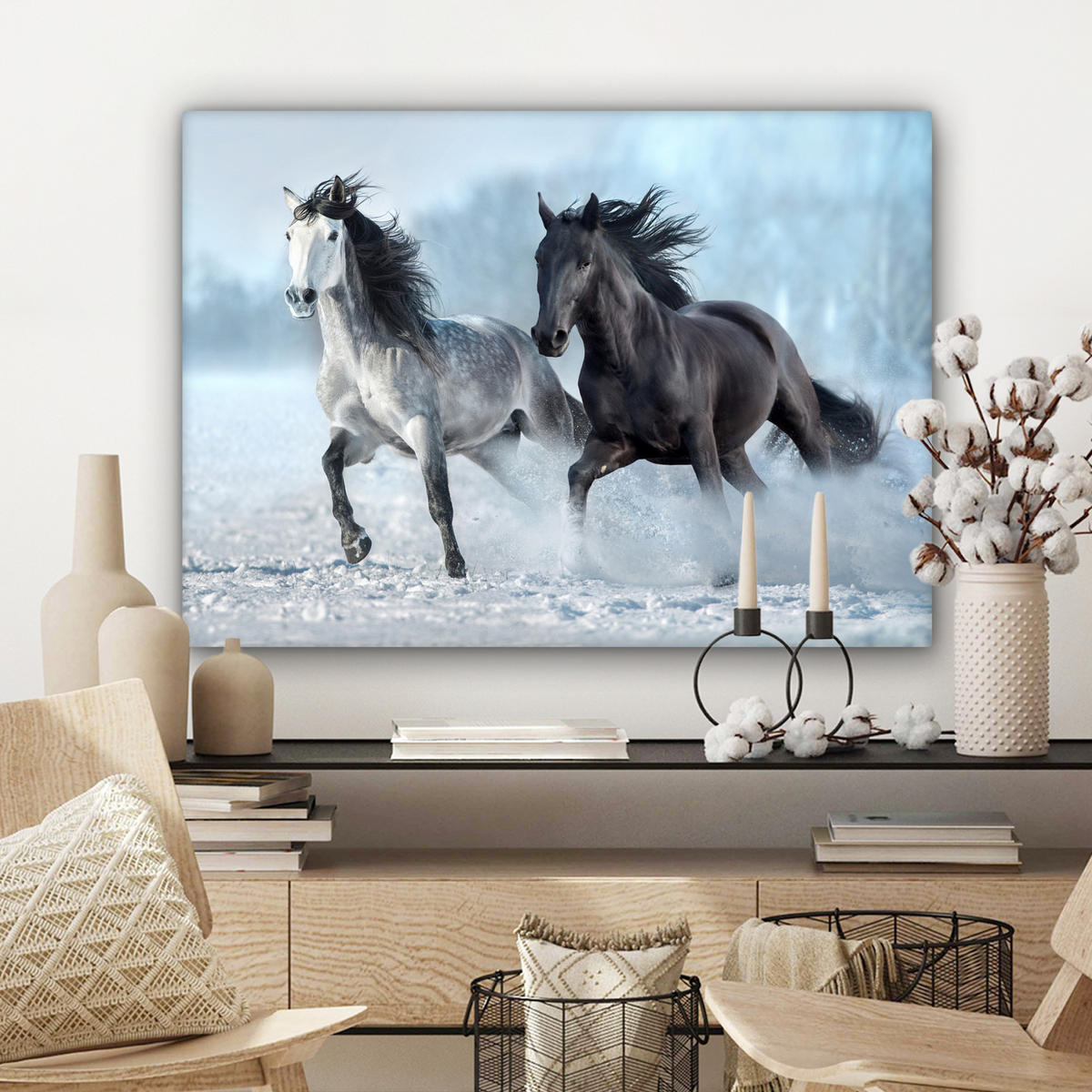 LEINWANDBILD Pferde - Winter - Tiere - Natur - Schnee Wandbilder 80x60 cm - Anthrazit, Textil (80/60cm) - MuchoWow