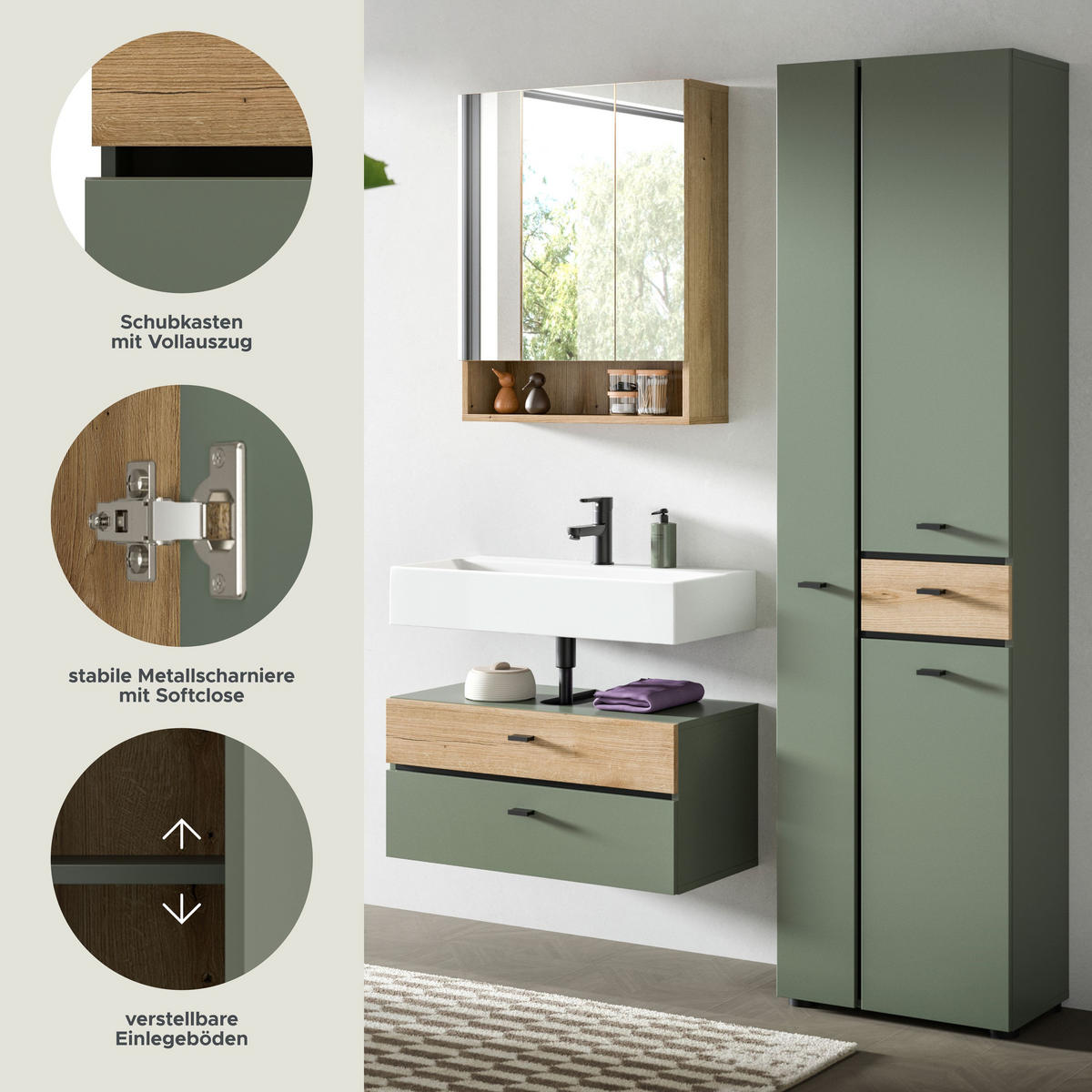 BAD-SET AQUA 3-tlg. (B/H/T: ca. 141/191/35 cm) in Sage Green/Sage Green - Grün, Holzwerkstoff (141/191/35cm)