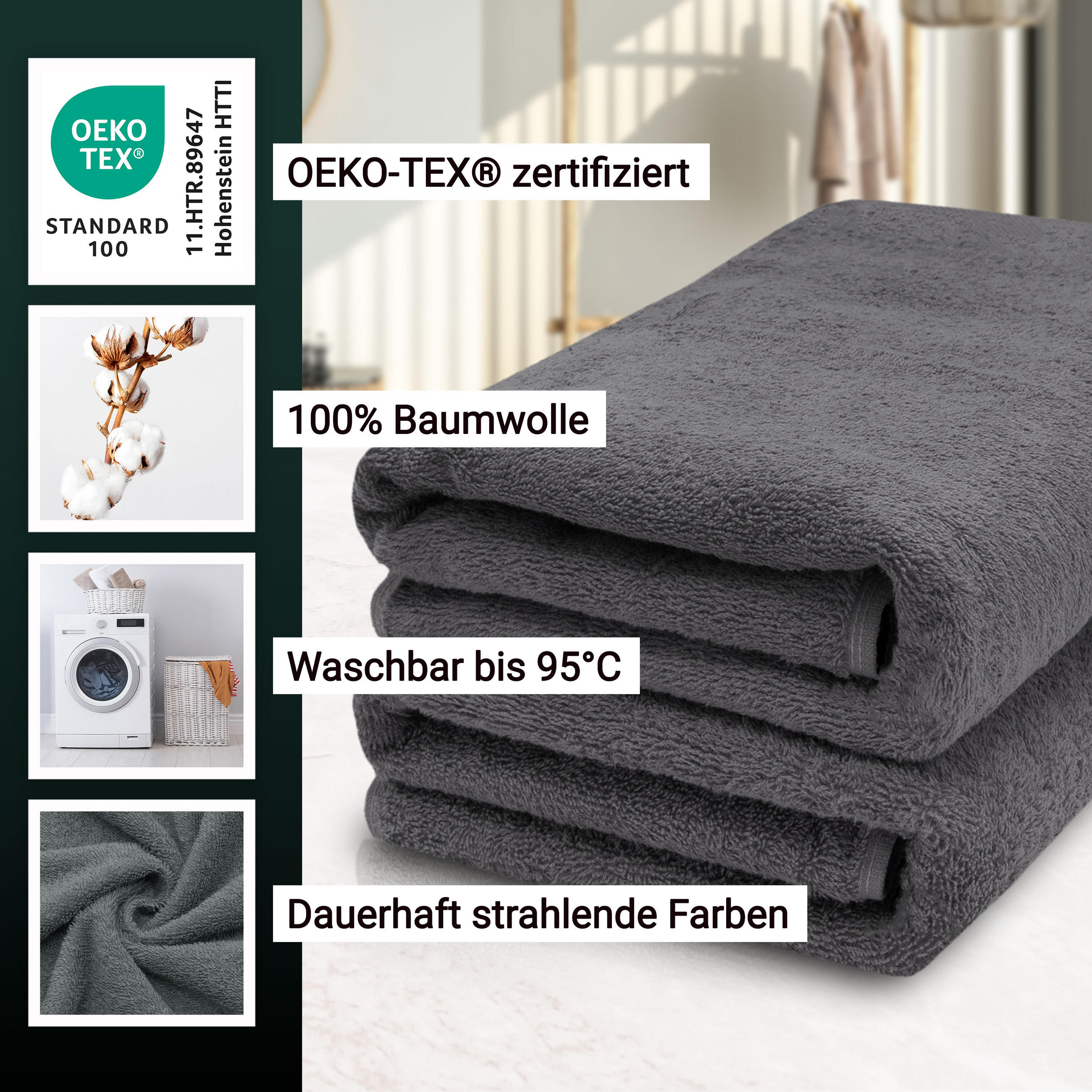 SAUNATUCH, 2er-Set, 70x200 cm, 100% Baumwolle, Grau - Graphitfarben, Textil (70/200cm) - Zollner