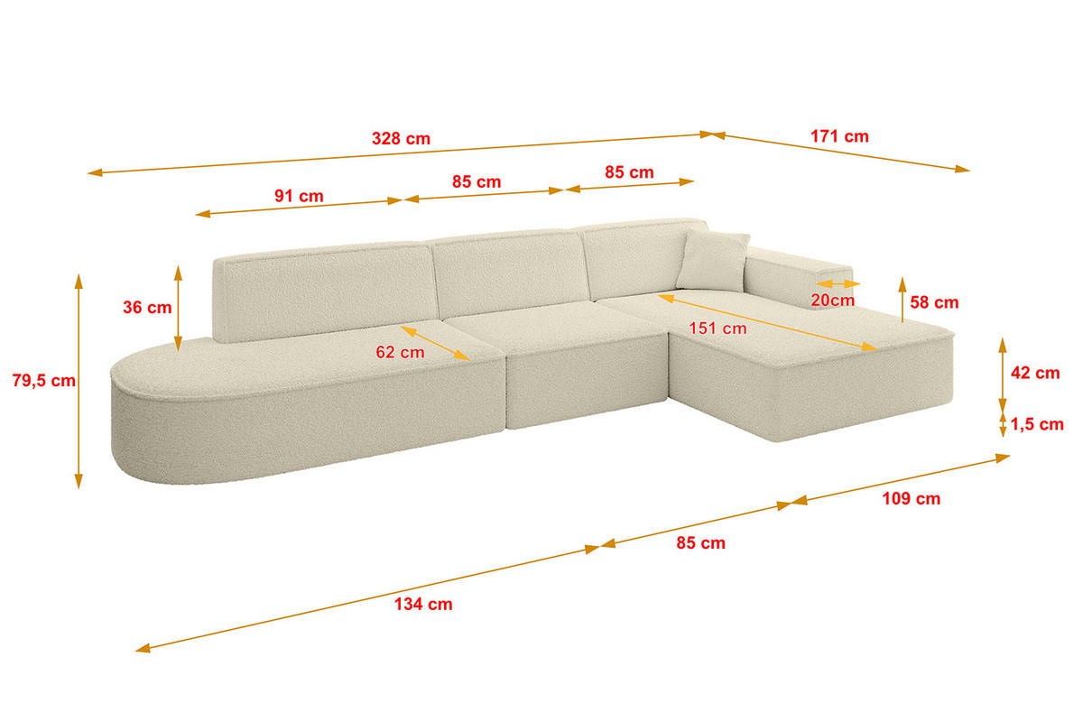 ECKSOFA Ottomane Rechts IREA-L2-v4 - 328x171x79 cm Beige - Creme, Holzwerkstoff/Textil (171/328cm) - ALTDECOR