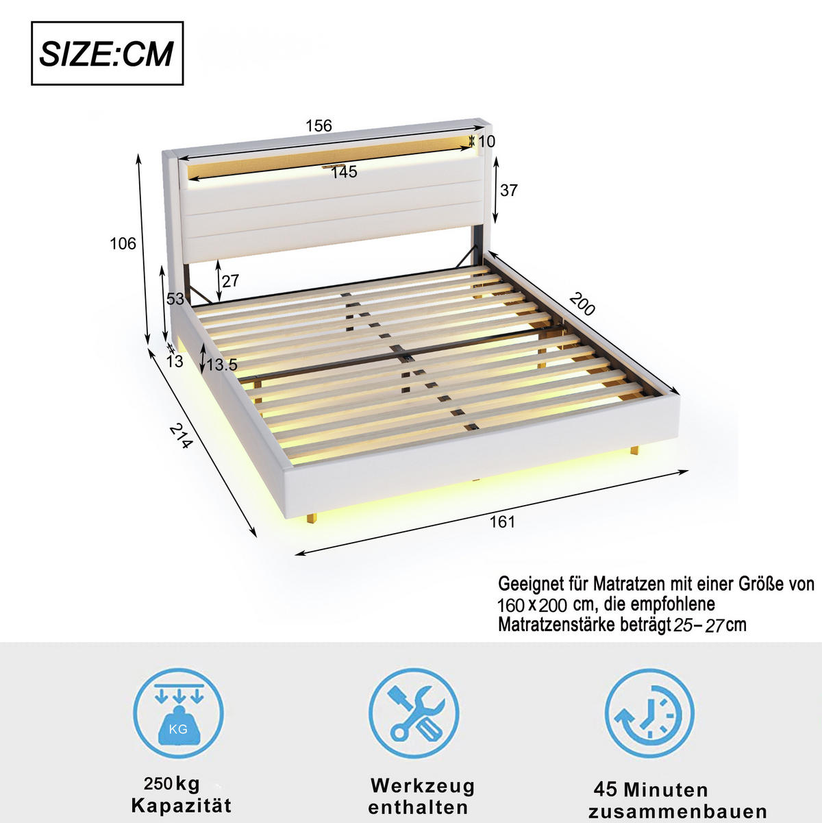 POLSTERBETT mit Stauraum und LED 160x200 cm Leinenstoff Beige - Beige, Metall (160/200cm) - Beauniv