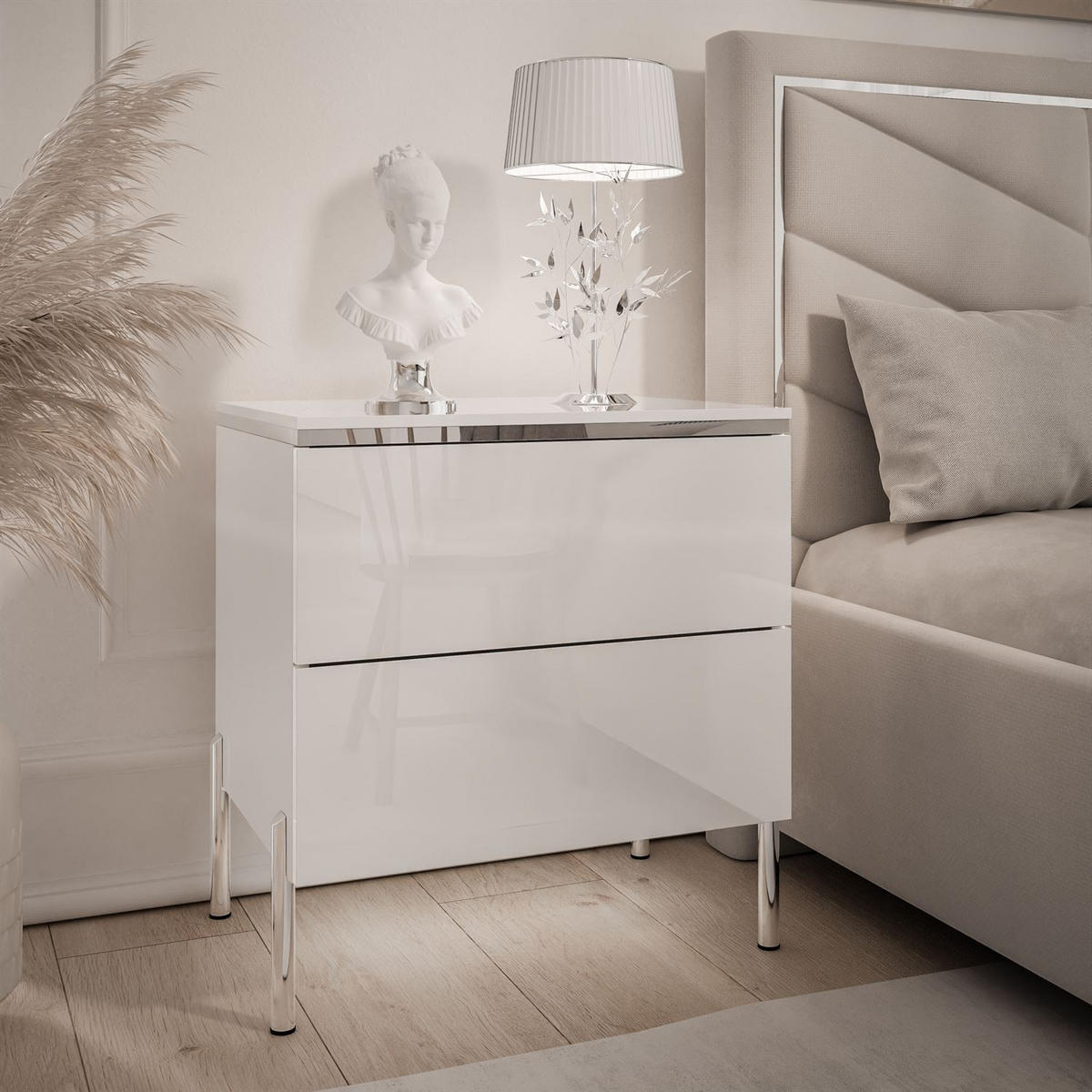 NACHTTISCH AURORA II SILVER Hochglanz Weiß mit LED-Beleuchtung – mit geraden verchromten Beinen - Weiß Hochglanz, Holzwerkstoff (50/54/37cm) - Lookway