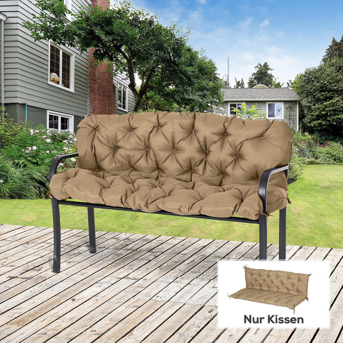 3 Sitzer Bankauflage 150x98x8 cm Bankkissen mit Bändern, Sitzkissen Stuhlkissen - Beige, Kunststoff (98/8/150cm) - Outsunny