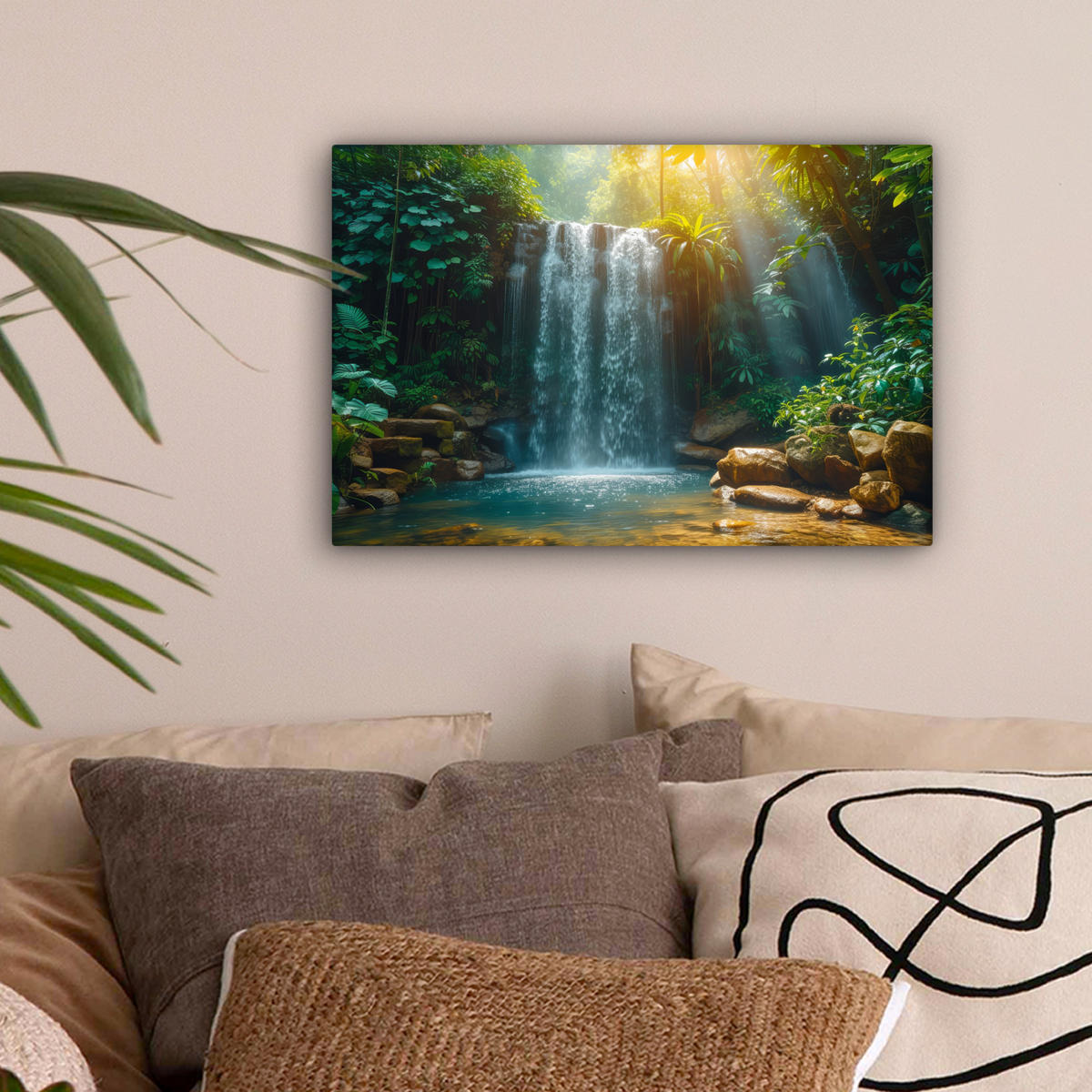 LEINWANDBILD Wasserfall - Dschungel - Sonne - Grün - Natur Deko Schlafzimmer 30x20 cm - Grün, Textil (30/20cm) - MuchoWow