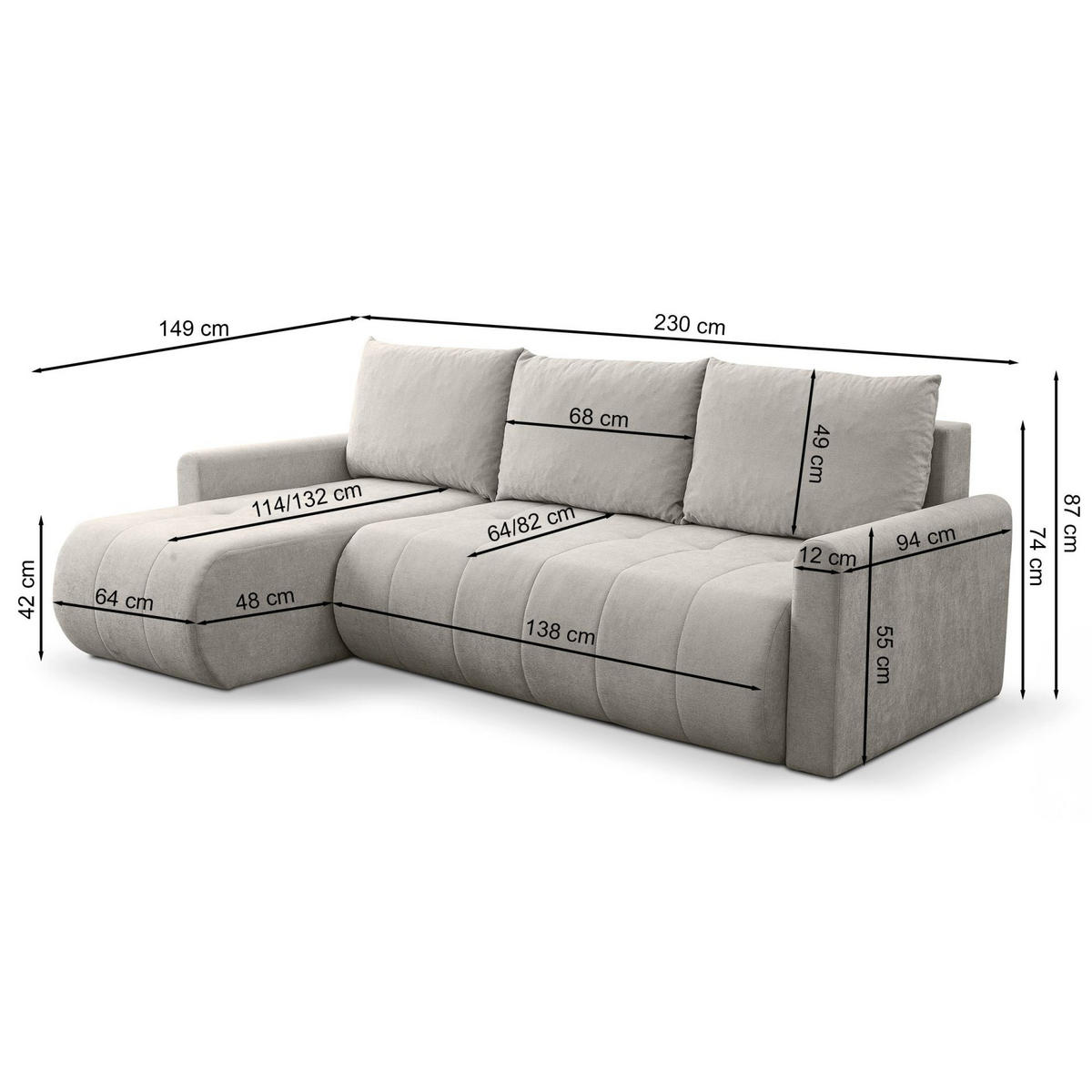 ECKSOFA Timmone Aschgrau Chenille 230 cm - Schwarz/Grau, Kunststoff/Textil (230/149cm) - Selsey