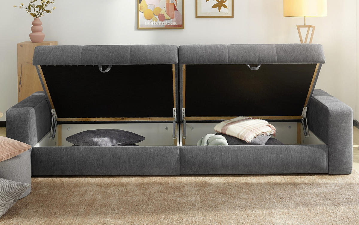 BIG-SOFA mit 2 Bettkästen, viel Stauraum, B274/T113/H84 cm, Liegefläche 103x241 cm, Chenille Grau / 15243 - Schwarz/Grau, Kunststoff/Textil (284/84/113cm) - luma-home
