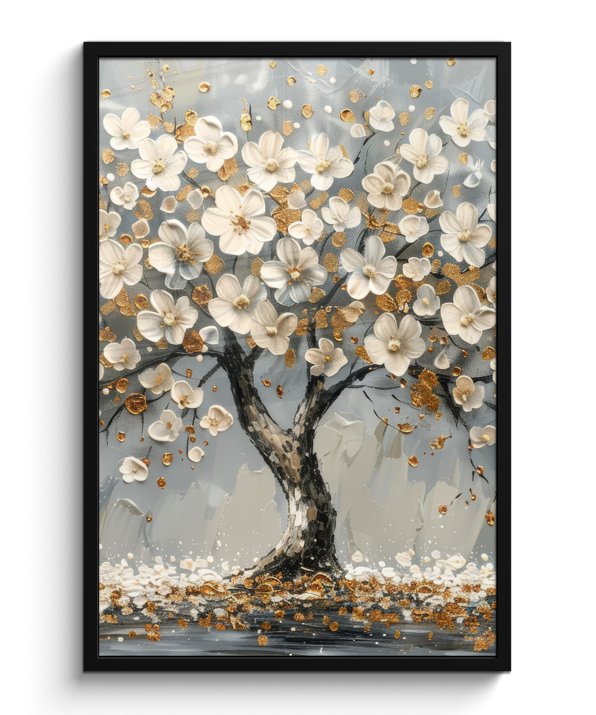 POSTER MIT RAHMEN Baum - Blumen - Weiß - Natur - Kunst 60x90 cm - Weiß, Papier (60/90cm) - MuchoWow