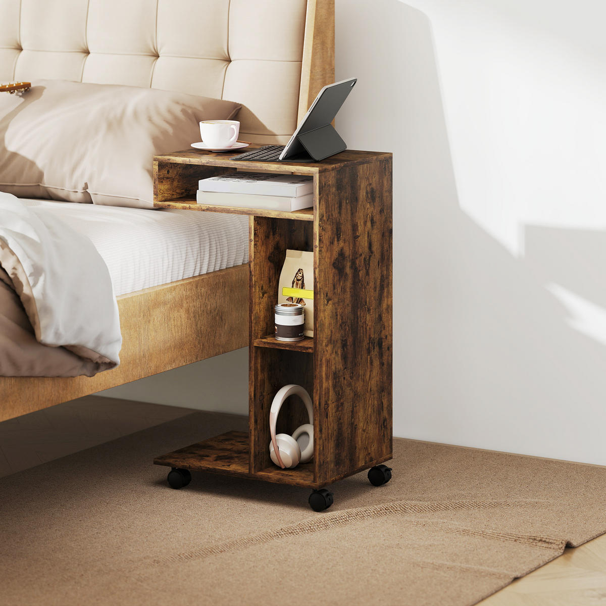 BEISTELLTISCH DE-08772 mit Rollen und 3 Fächern Rustikal-Braun - Braun, Holzwerkstoff (40/30/69cm) - ComfortXL