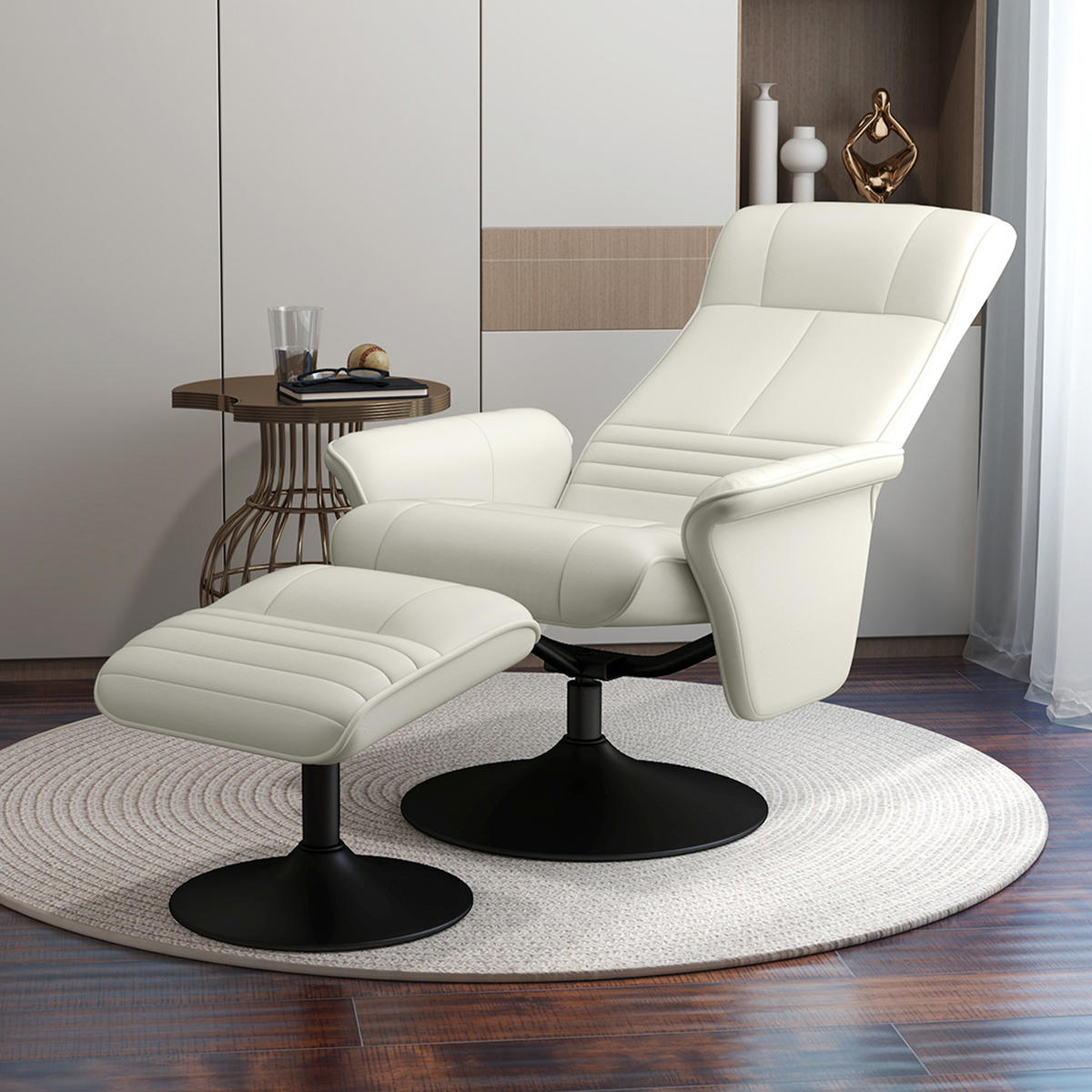 RELAXSESSEL mit Hocker Drehbarer Fernsehsessel mit Liegefunktion Mikrofasertuch - Creme/Schwarz, Textil/Metall (71/104/69cm) - HOMCOM