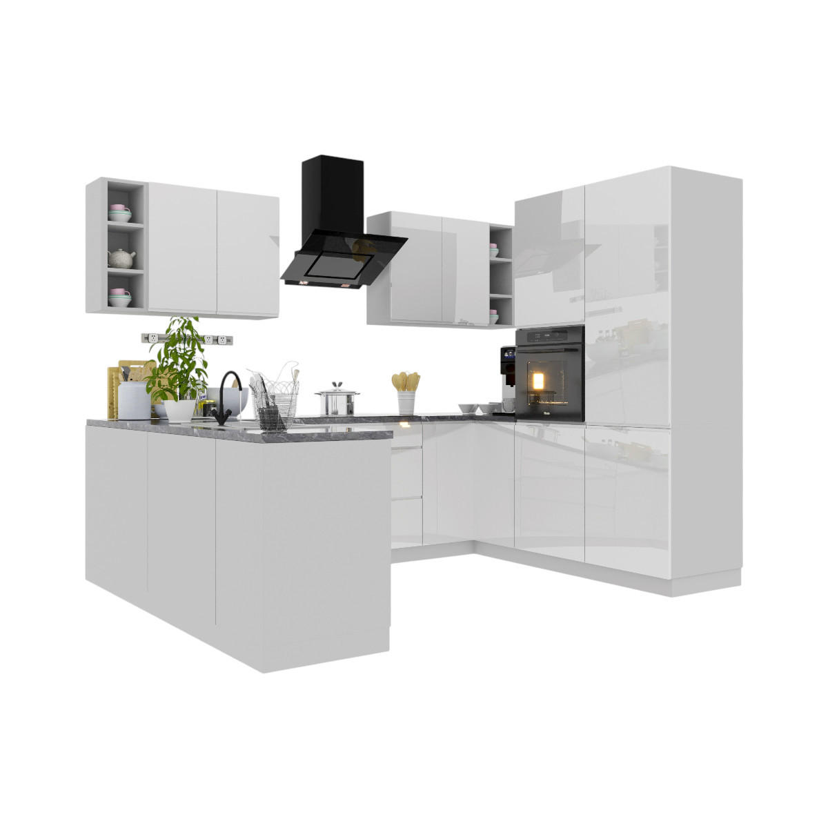 WINKELKÜCHE 260 x 210 cm Glanzia – KU-S12 – Weiß – Weiß / Hochglanz - Weiß, Holzwerkstoff (260/212/210cm) - hi-markt