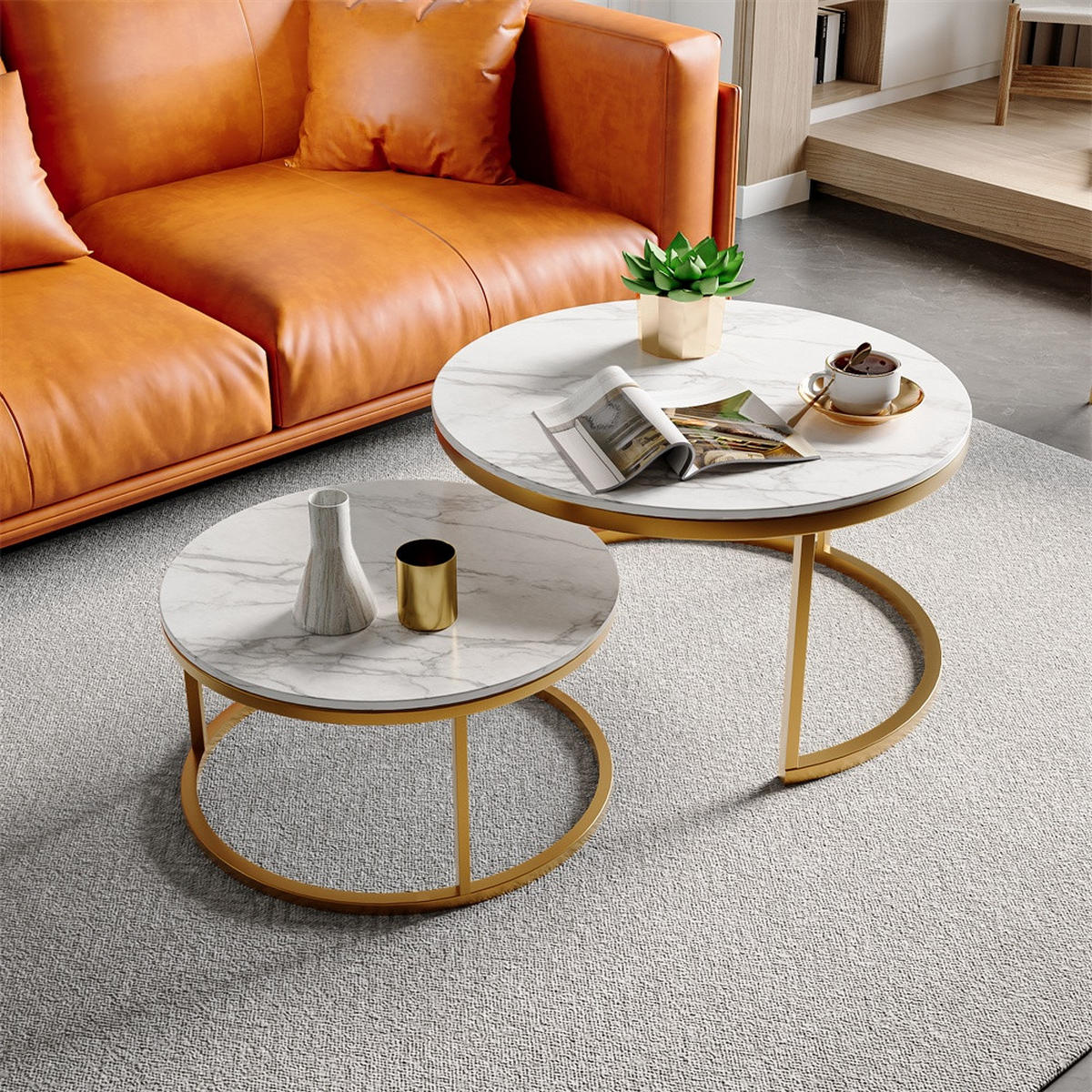 COUCHTISCH 2er-Set - Runder Beistelltisch in Marmoroptik Weiß mit Metallgestell - Gold - Goldfarben, Holzwerkstoff (80/80/45cm) - DELFA