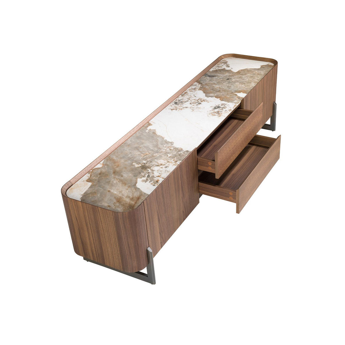 TV-ELEMENT TV-Ständer aus Nussbaum und dunklem metallisiertem Stahl mit Porzellanmarmorplatte 200/45/52 cm - Walnussfarben/Weiß, Holz (200/52/45cm) - ANGEL CERDA