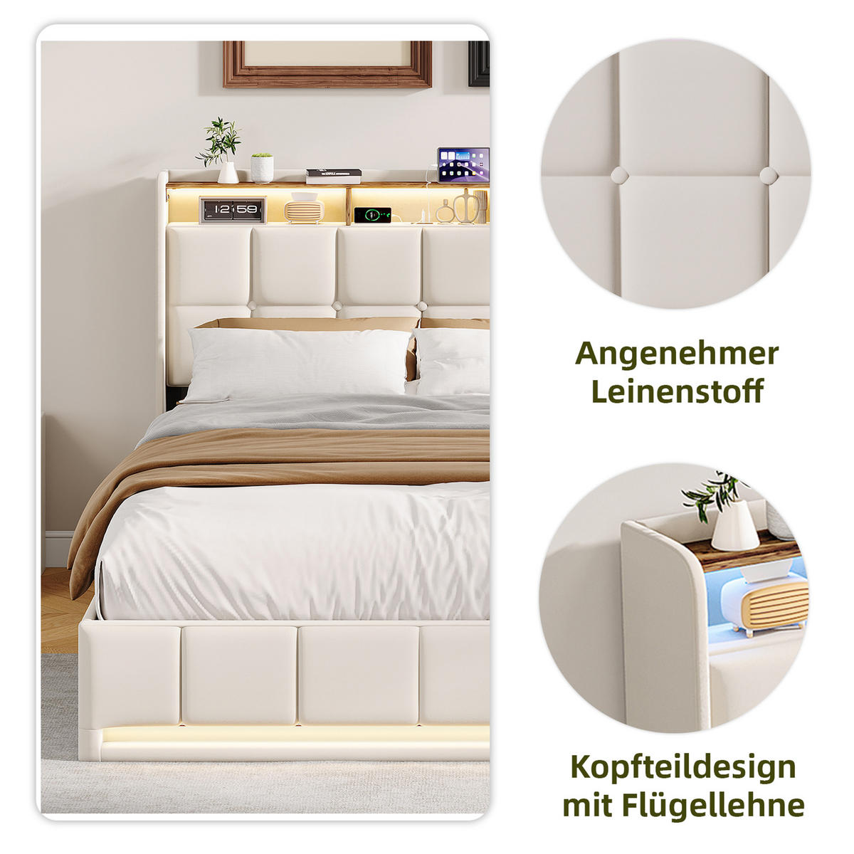POLSTERBETT 160x200 cm Beige mit LED Beleuchtung, Kopfteil mit Stauraum und USB/Type-C, hydraulisches Stauraumbett - Beige, Metall (160/200cm) - EuroLiving
