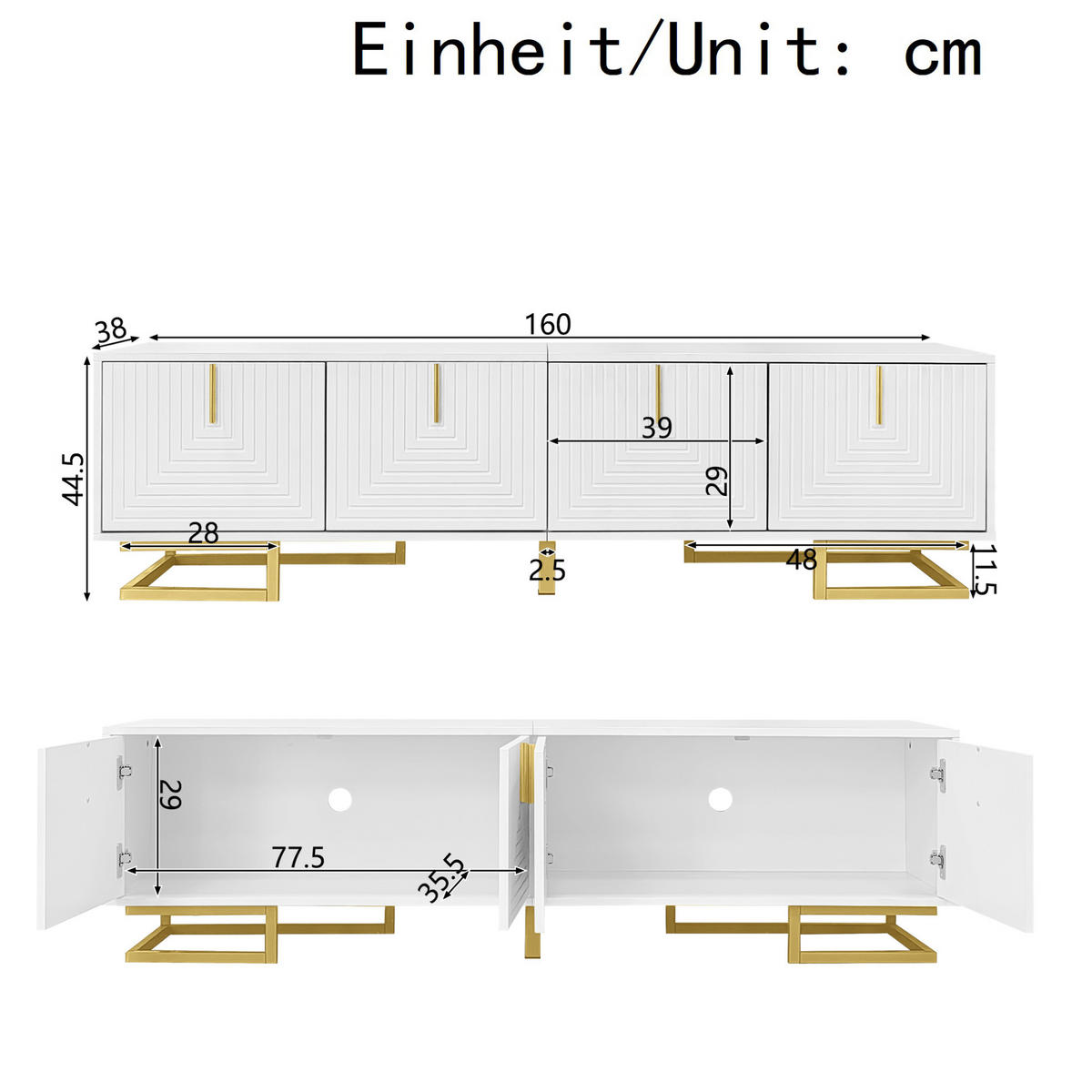 LOWBOARD 160/38/44.5 cm Weiß aus Spanplatte mit 4 Türen - Weiß, Holzwerkstoff (38/44.5/160cm) - OKMYHOME