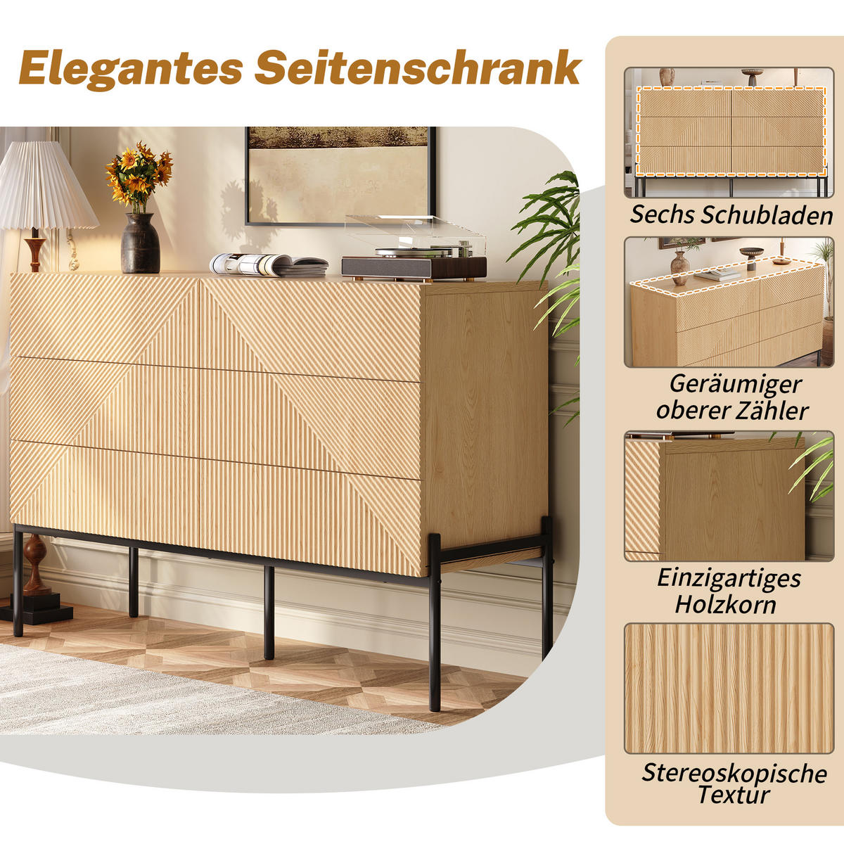 SIDEBOARD natur 3D struktur 6 schubladen 115cm - Naturfarben, Holzwerkstoff (115.5/75/38cm) - Urban Meuble