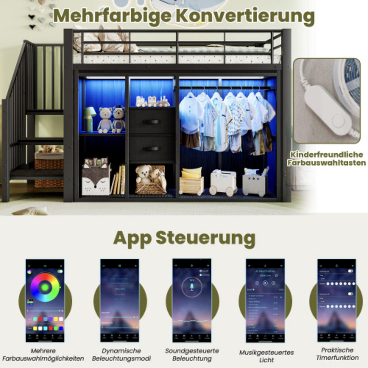 HOCHBETT 90×200 cm aus Metall mit LED-Beleuchtung, schwarz - Schwarz, Metall (90/200cm) - Luhomfu