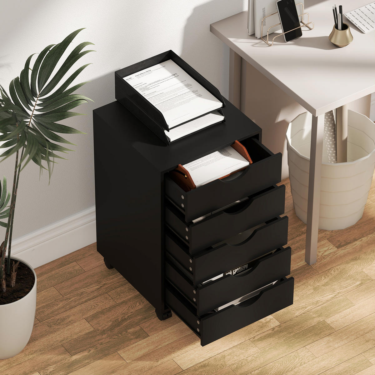ROLLCONTAINER DE-14483 mit 5 Schubladen Schwarz - Schwarz, Holzwerkstoff (40/67/40cm) - ComfortXL